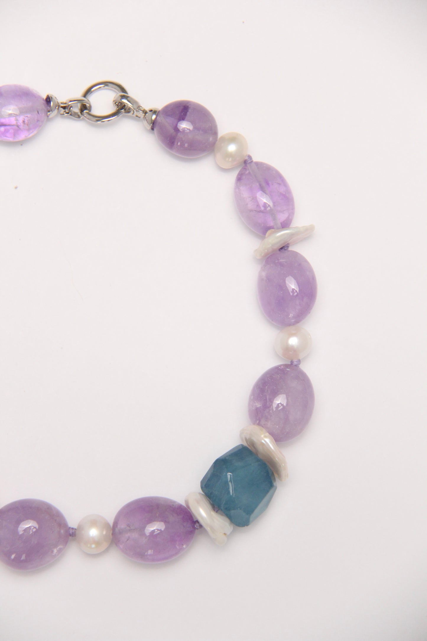 Necklace: amethyst, morganite, aquamarine, pearls