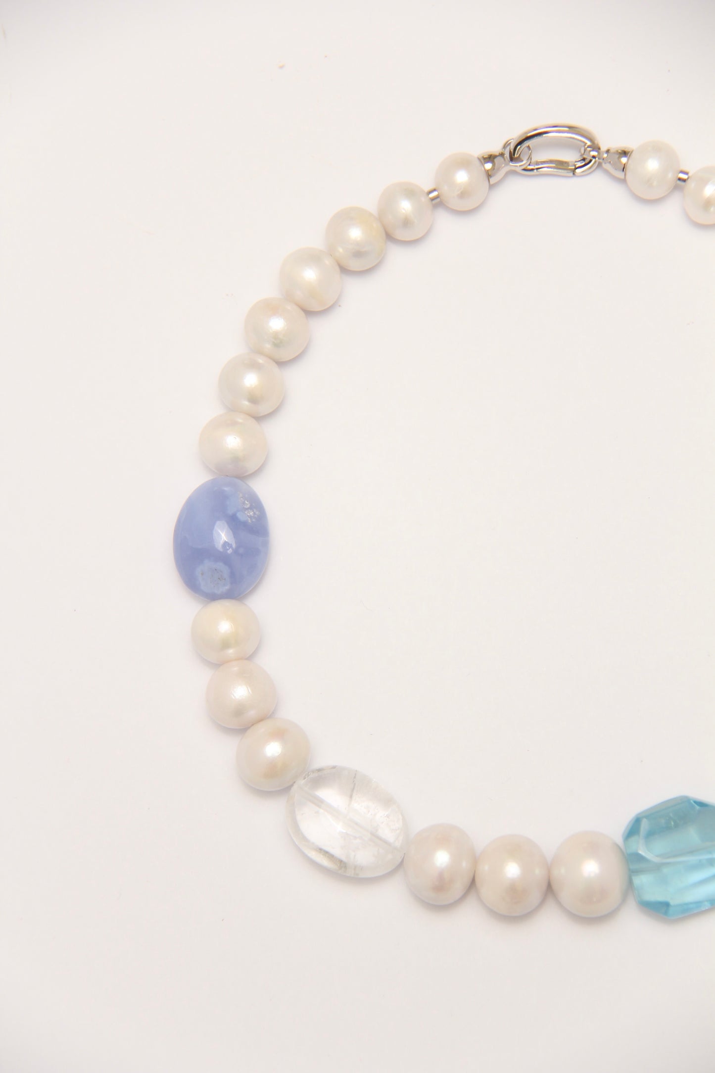 Necklace: pearls, aquamarine, blue lace agate, quartz