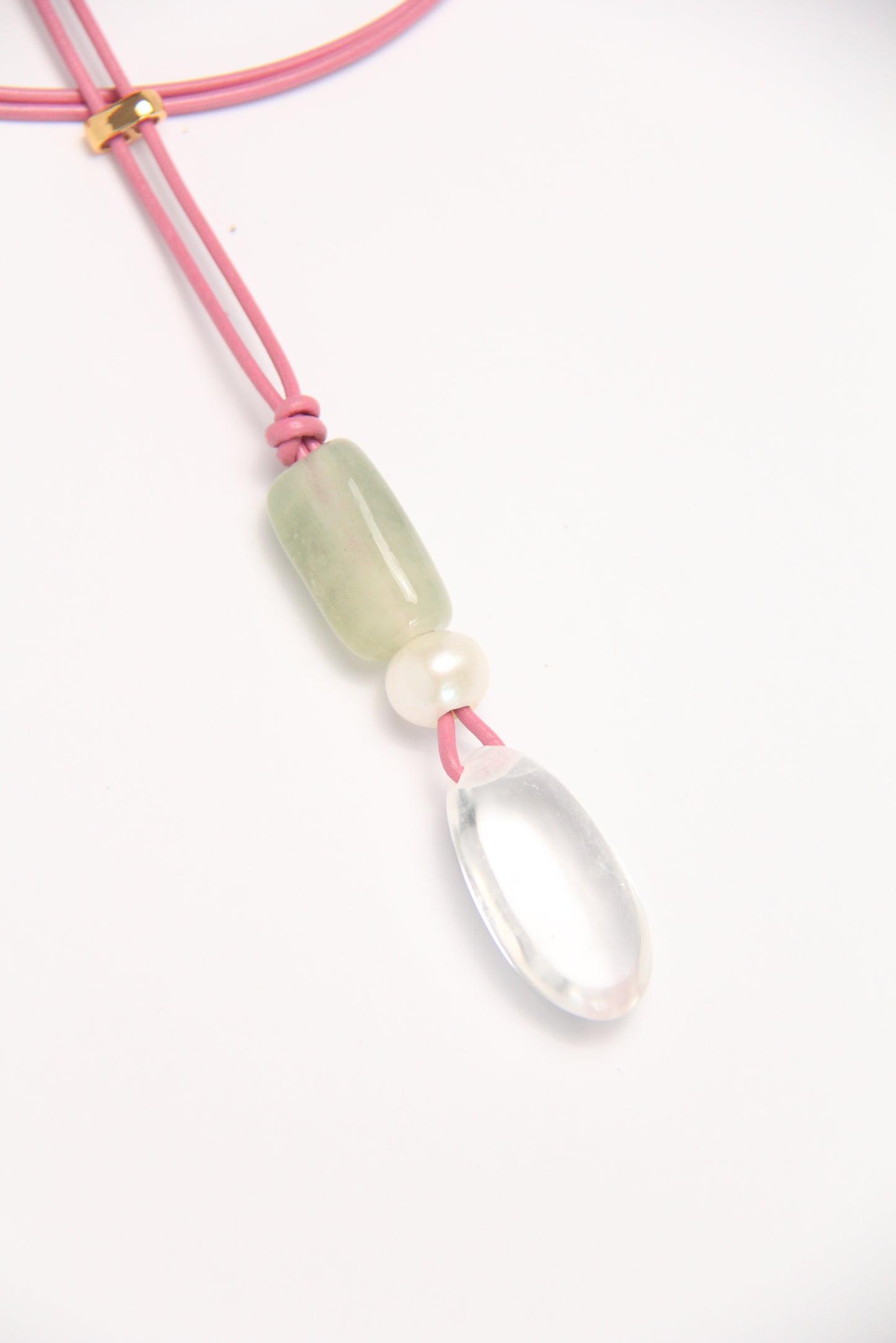 Pendant: morganite, pearl, quartz, leather