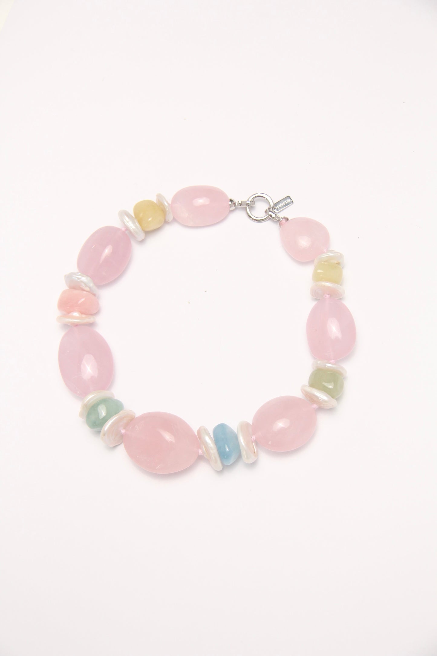 Necklace: rose quartz, morganite, pearls