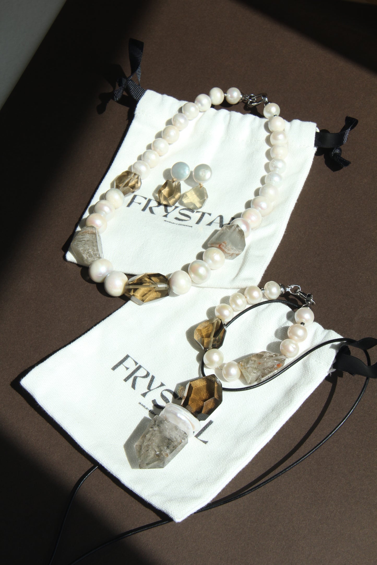 Bracelet: pearls, smoky quartz, phantom quartz