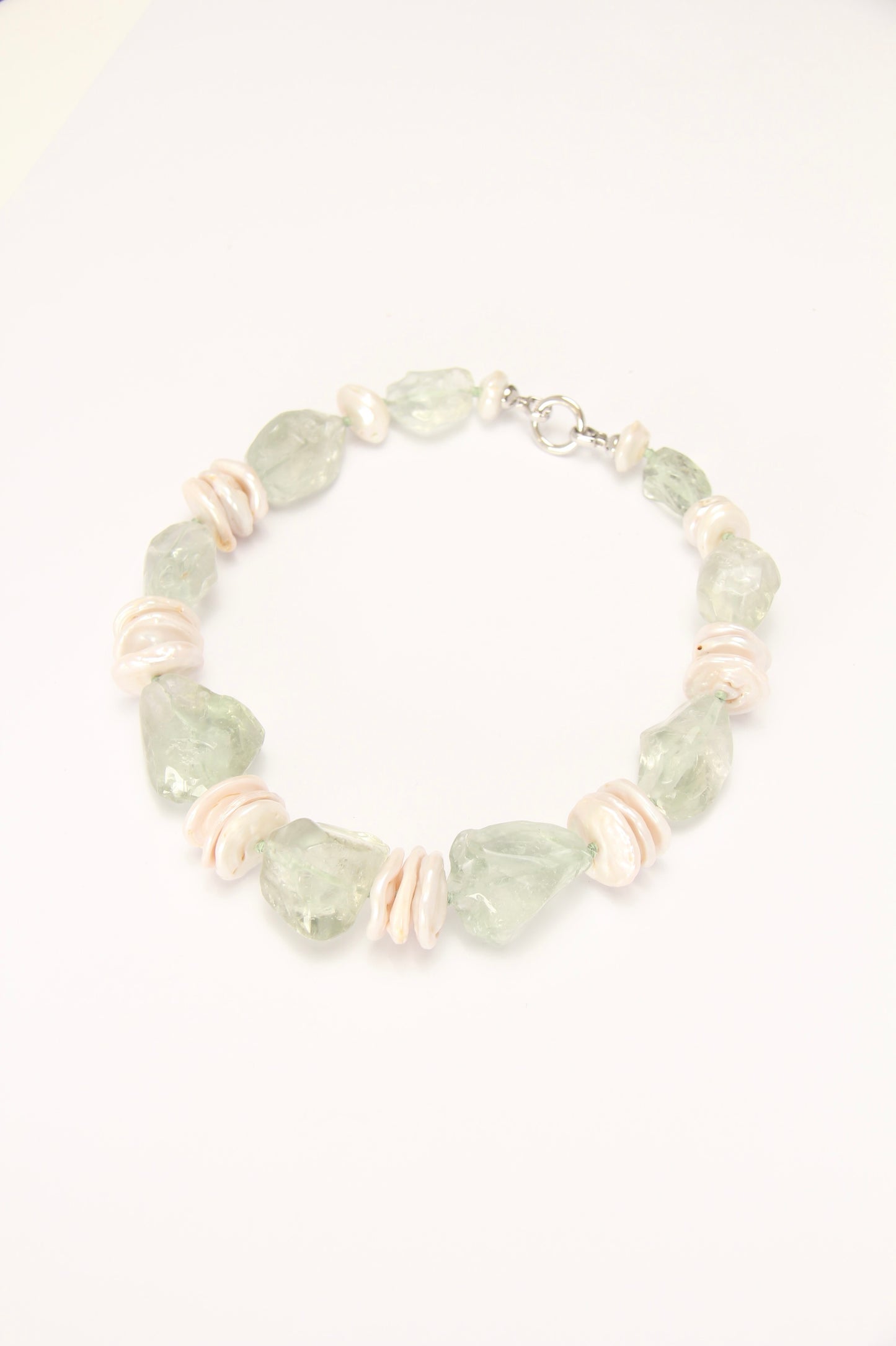 Necklace: pearls, prasem quartz