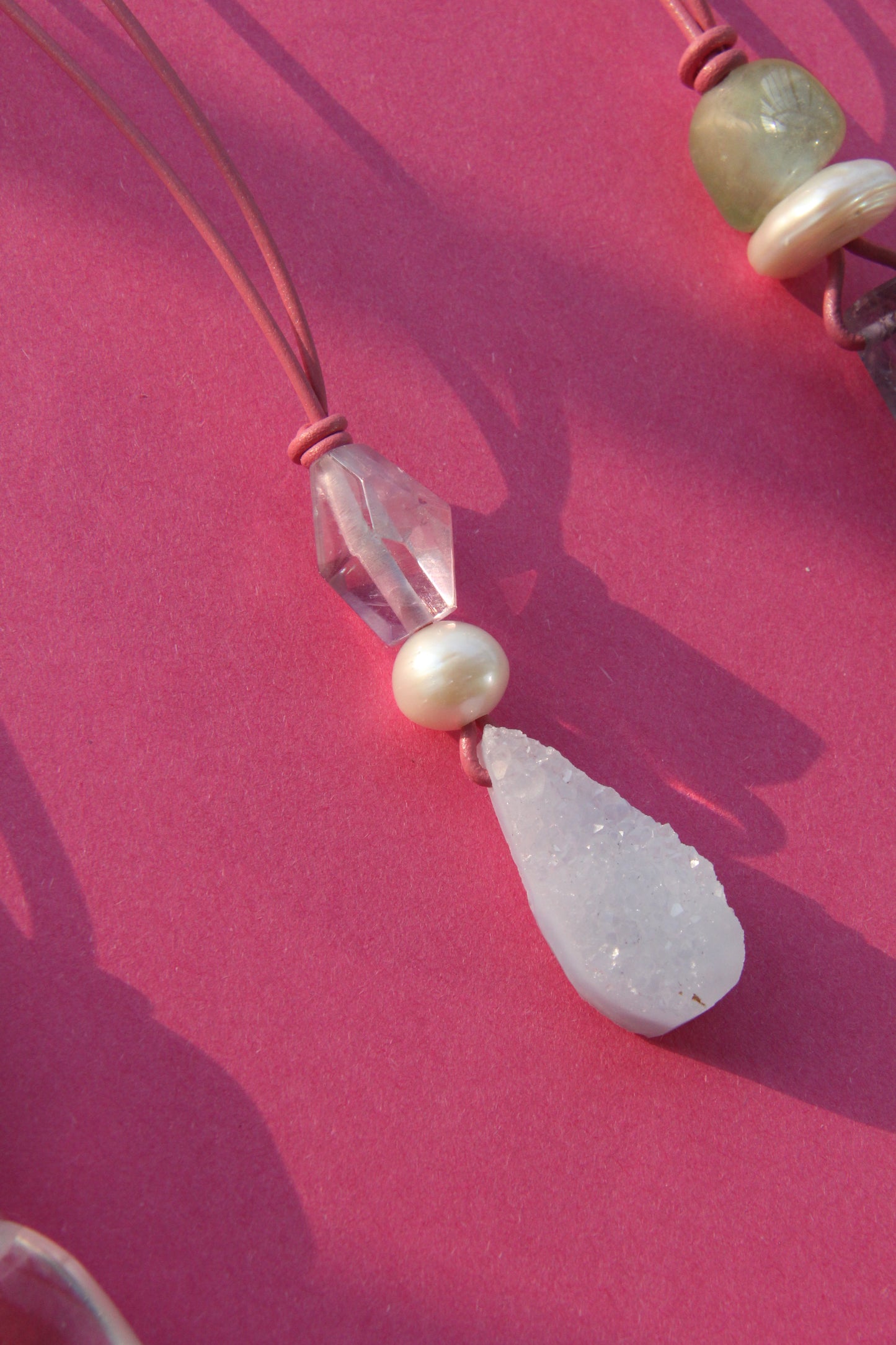 Pendant: amethyst, pearl, blue lace agate, leather