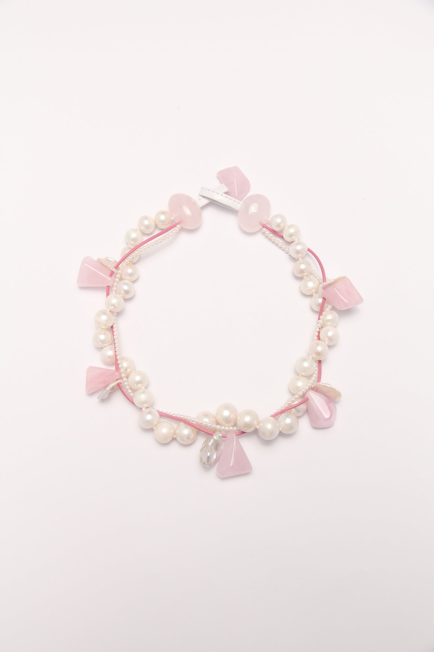 Necklace: morganite, rose quartz, pearls