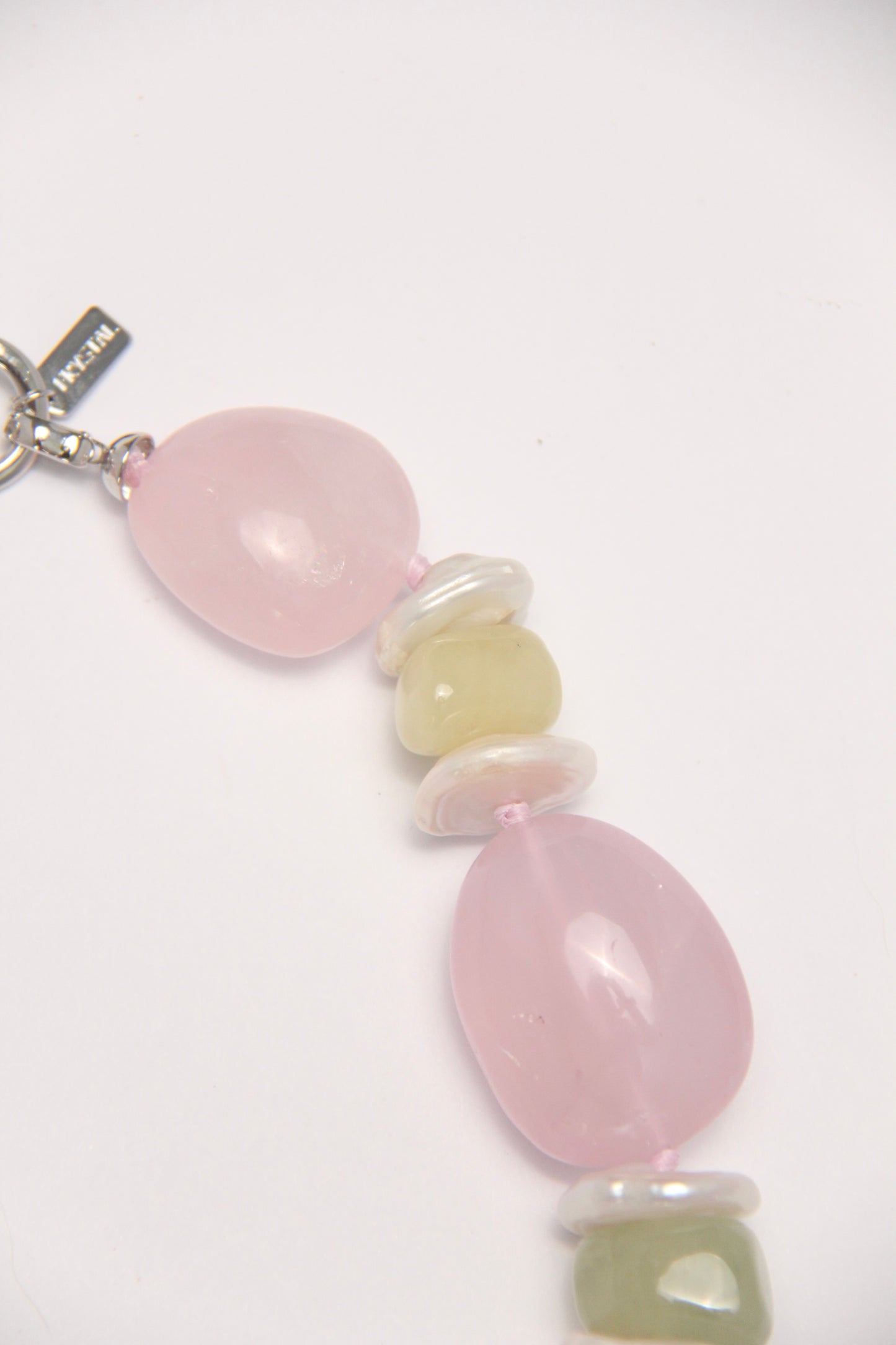 Necklace: rose quartz, morganite, pearls