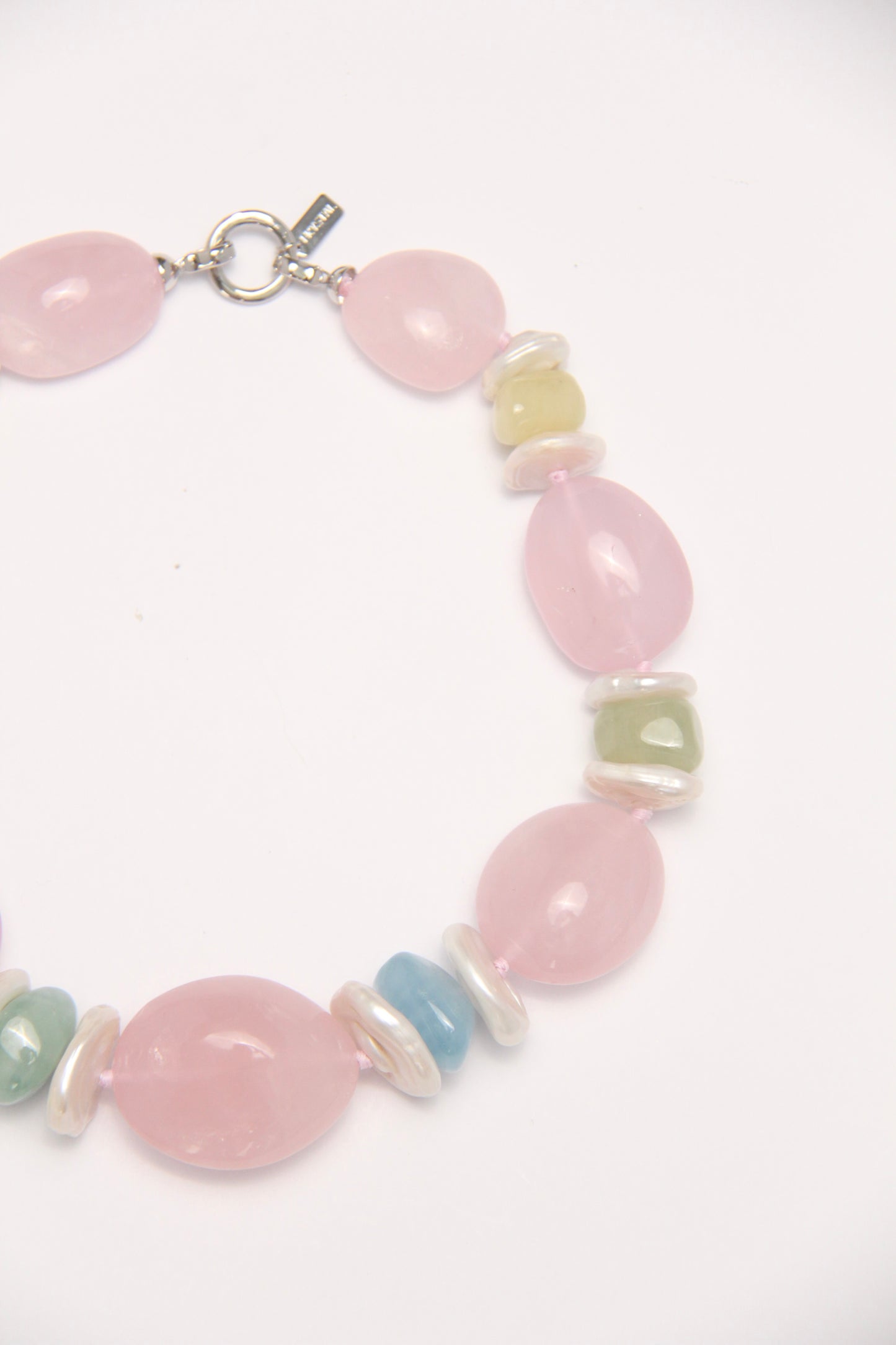Necklace: rose quartz, morganite, pearls