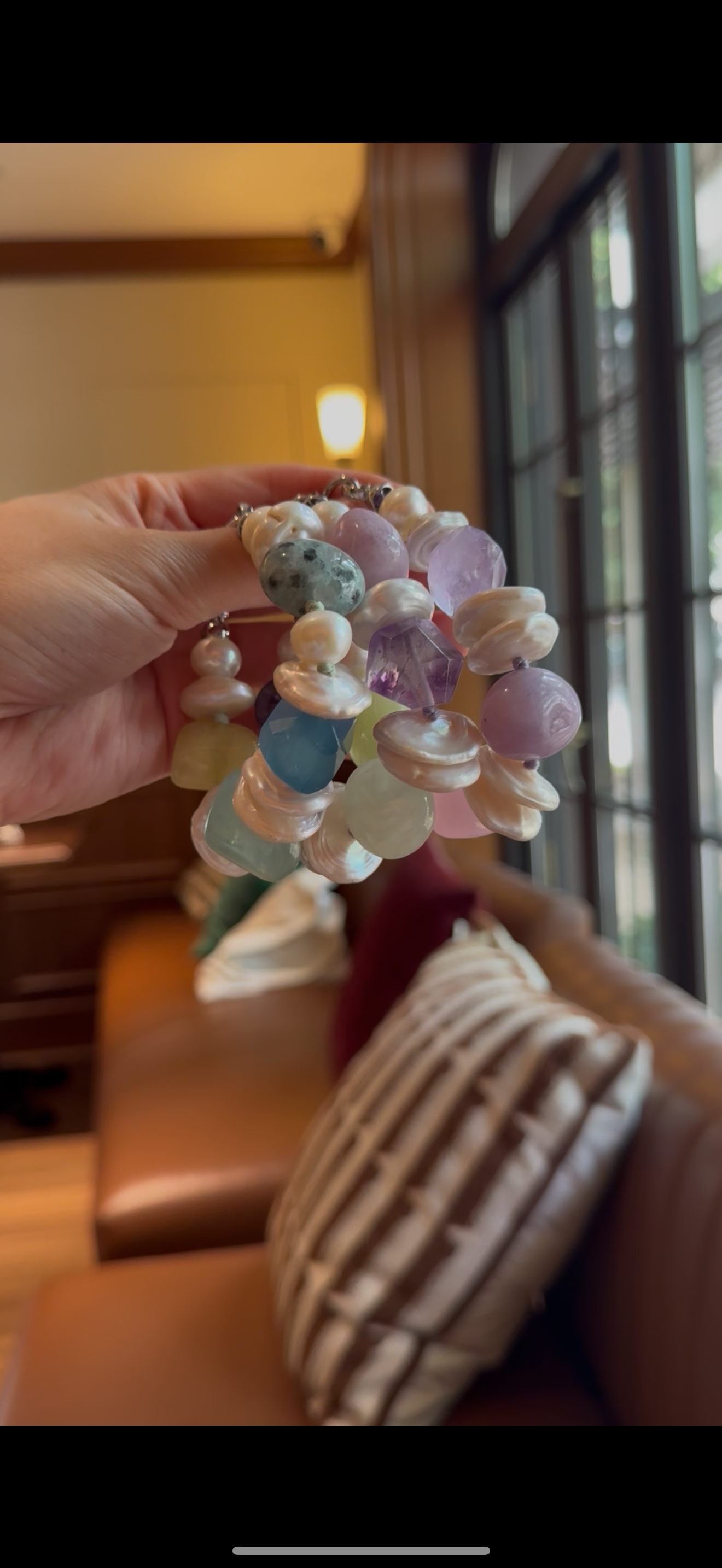Bracelet: amethyst, kunzite, prehnite, lepidolite, quartz, pearls