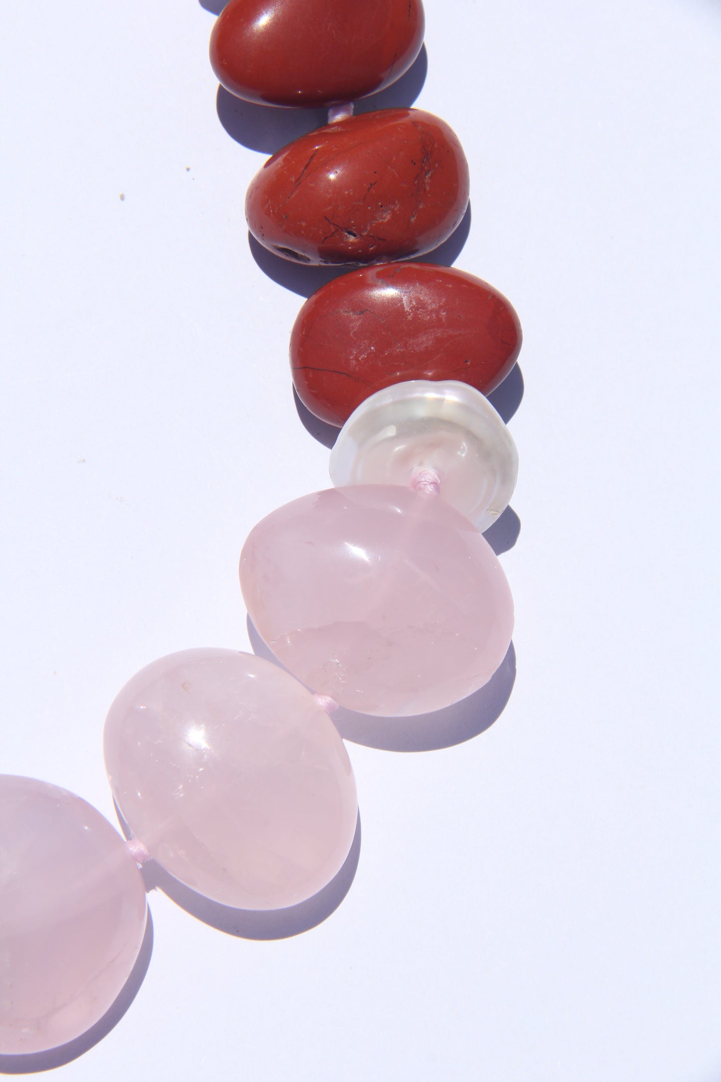 Necklace: red jasper stone, rose quartz, pearls