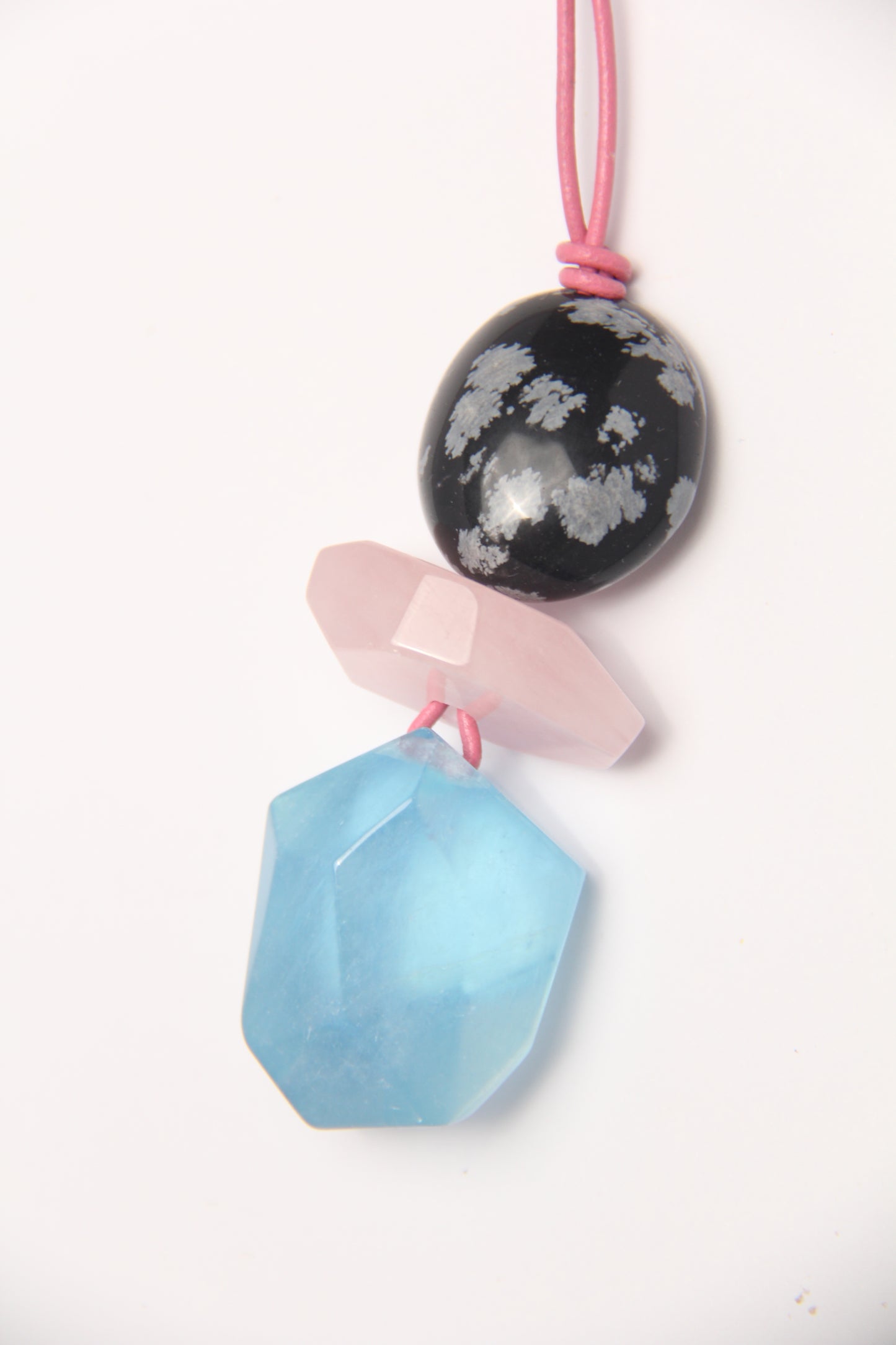 Pendant: aquamarine, morganite,snow obsidian