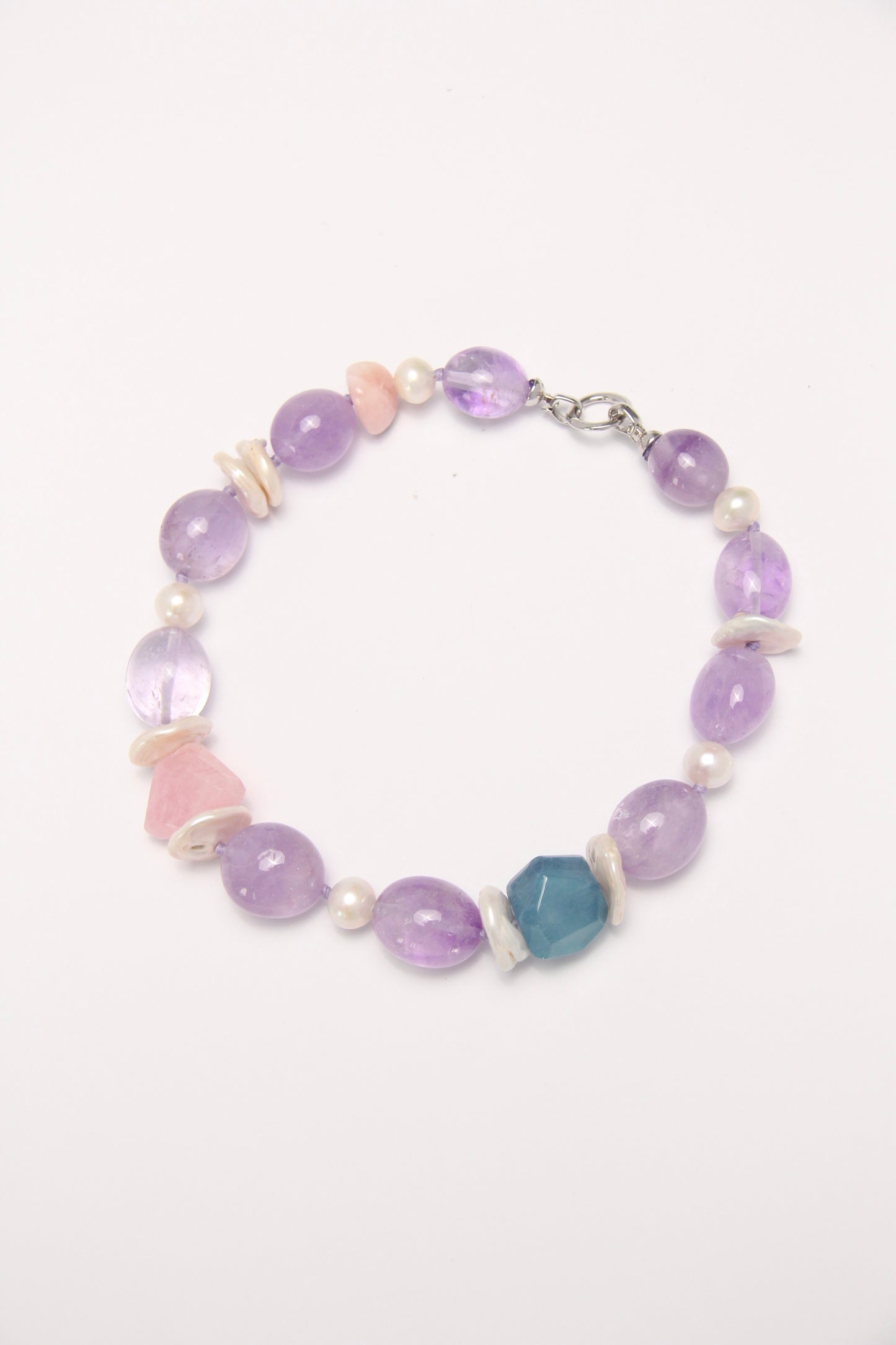 Necklace: amethyst, morganite, aquamarine, pearls