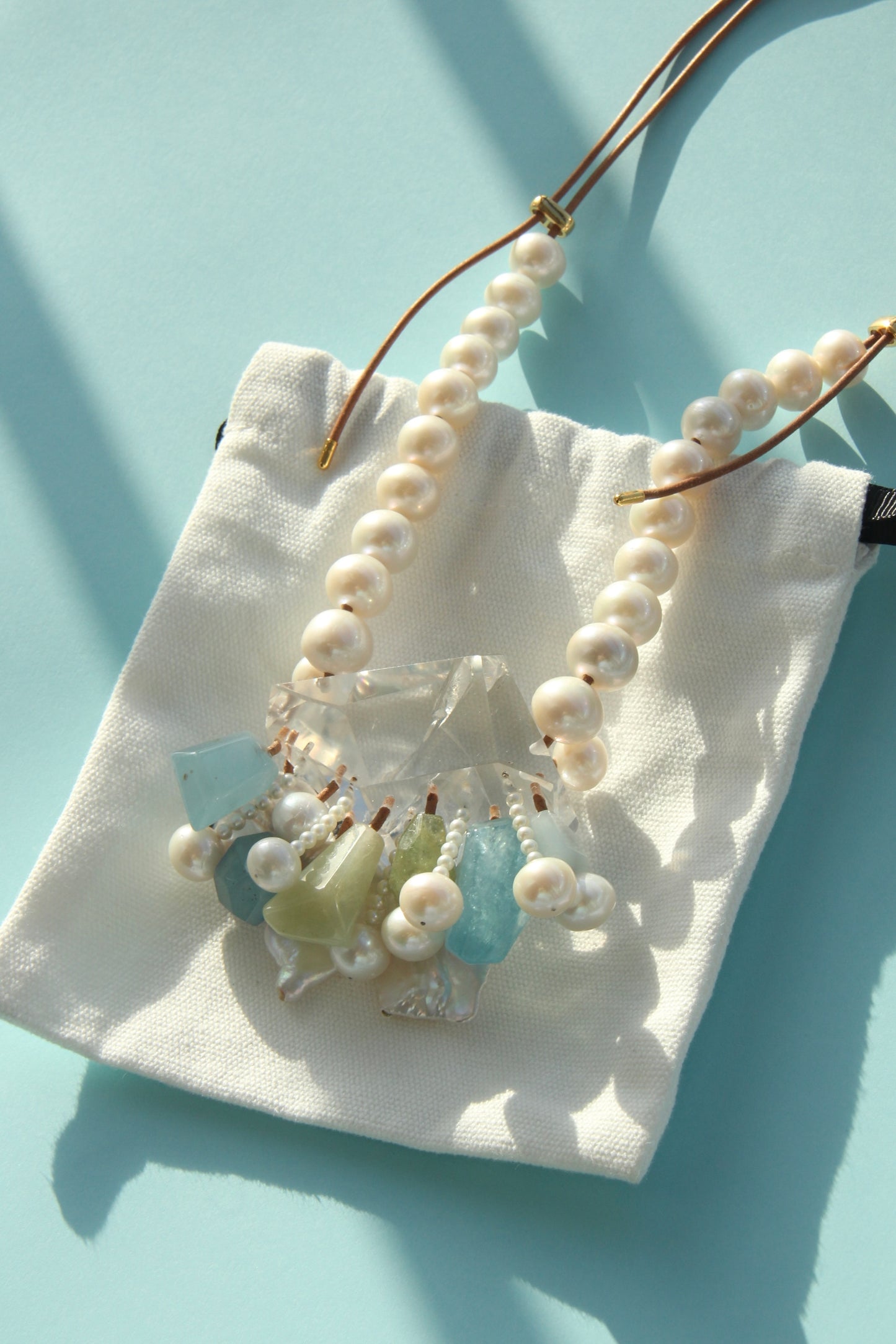 Pendant: morganite, pearls, aquamarine