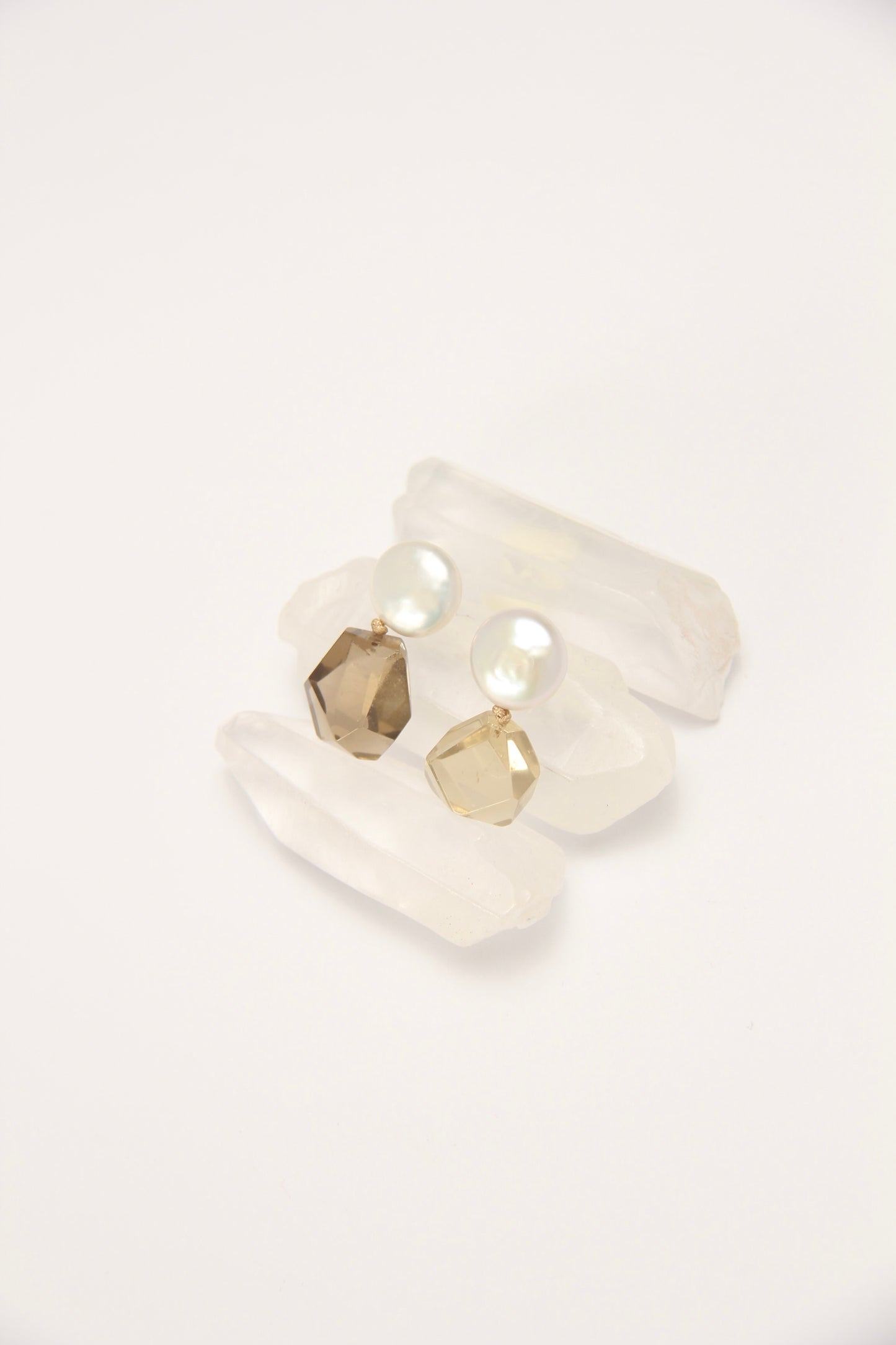 Earrings: pearls, smoky quartz, citrine