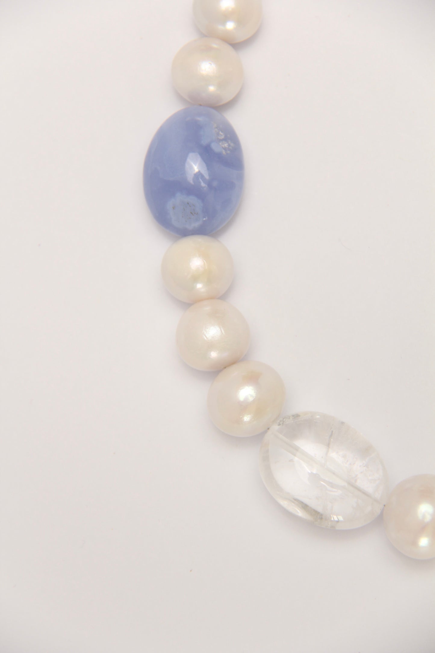 Necklace: pearls, aquamarine, blue lace agate, quartz