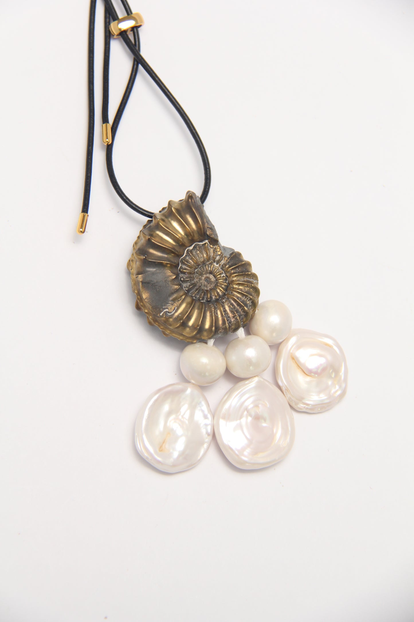 Pendant: Natural Genuine Pyrite Replaced Pleuroceras Ammonite from Germany, pearls