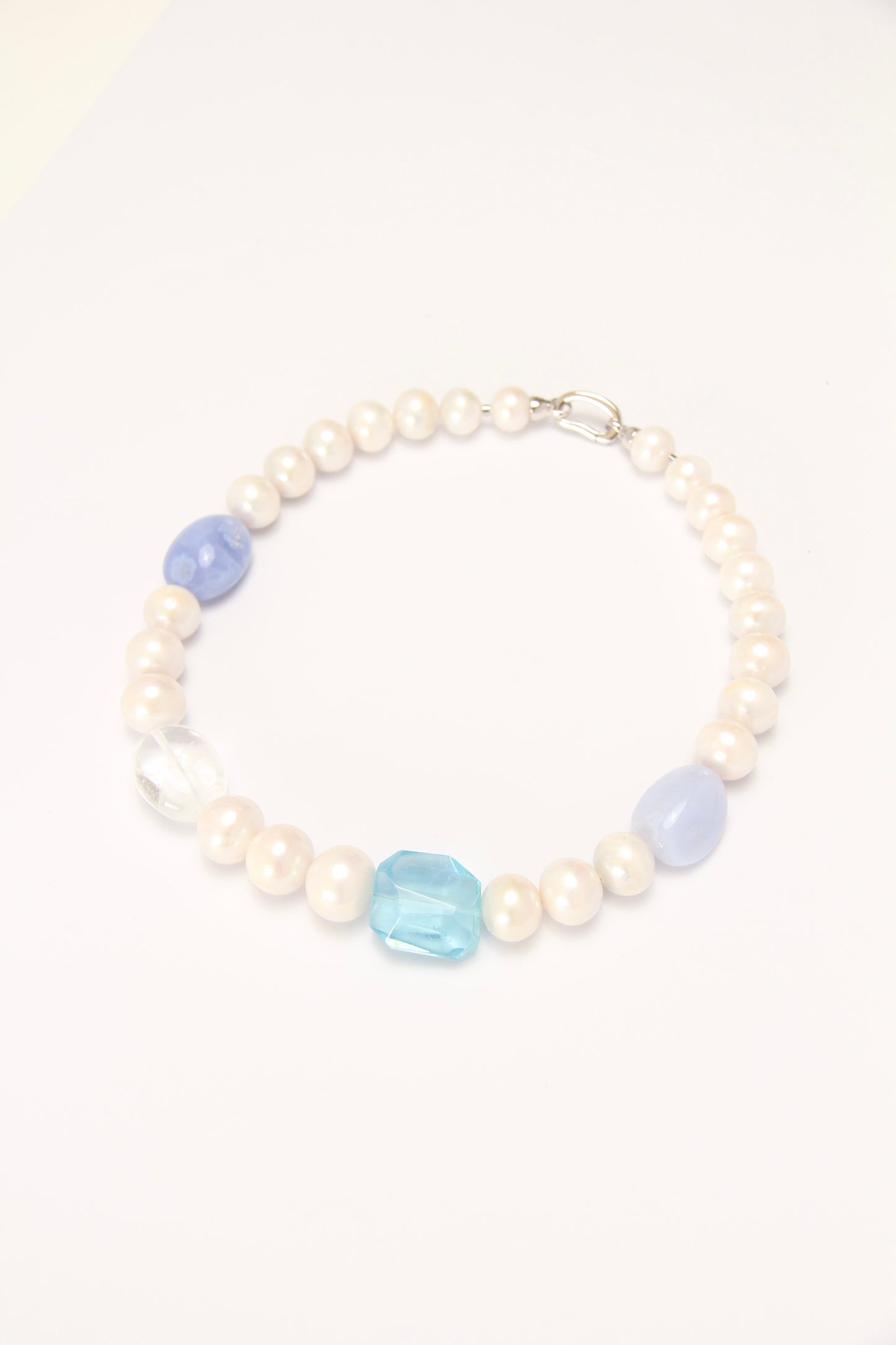 Necklace: pearls, aquamarine, blue lace agate, quartz