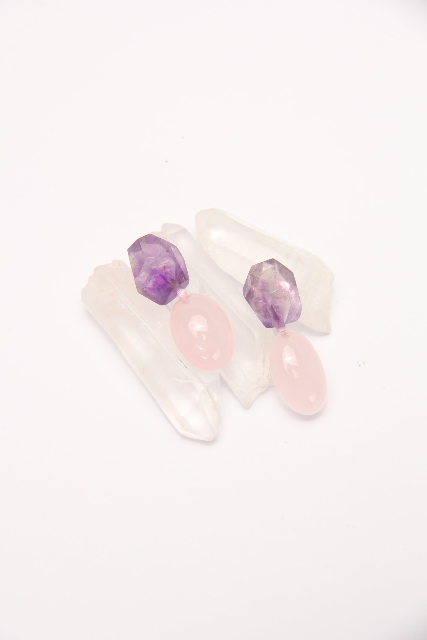 Earrings: rose quartz, amethyst