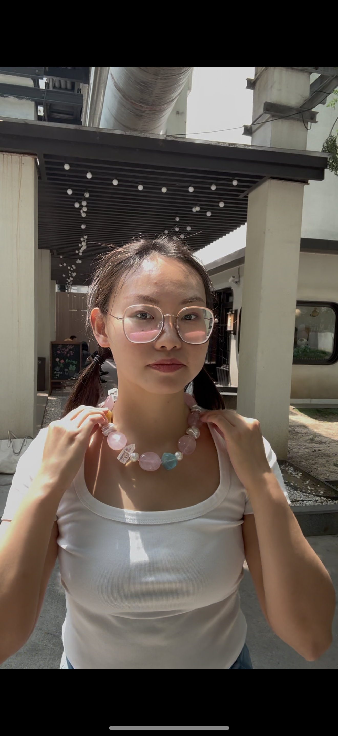 Necklace: rose quartz, aquamarine, pearls, morganite, phantom quartz