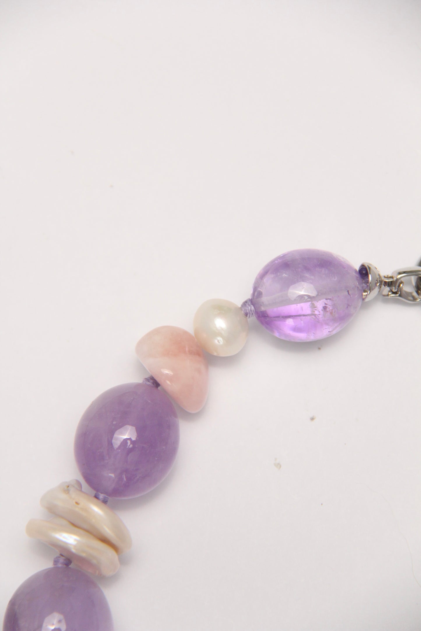 Necklace: amethyst, morganite, aquamarine, pearls