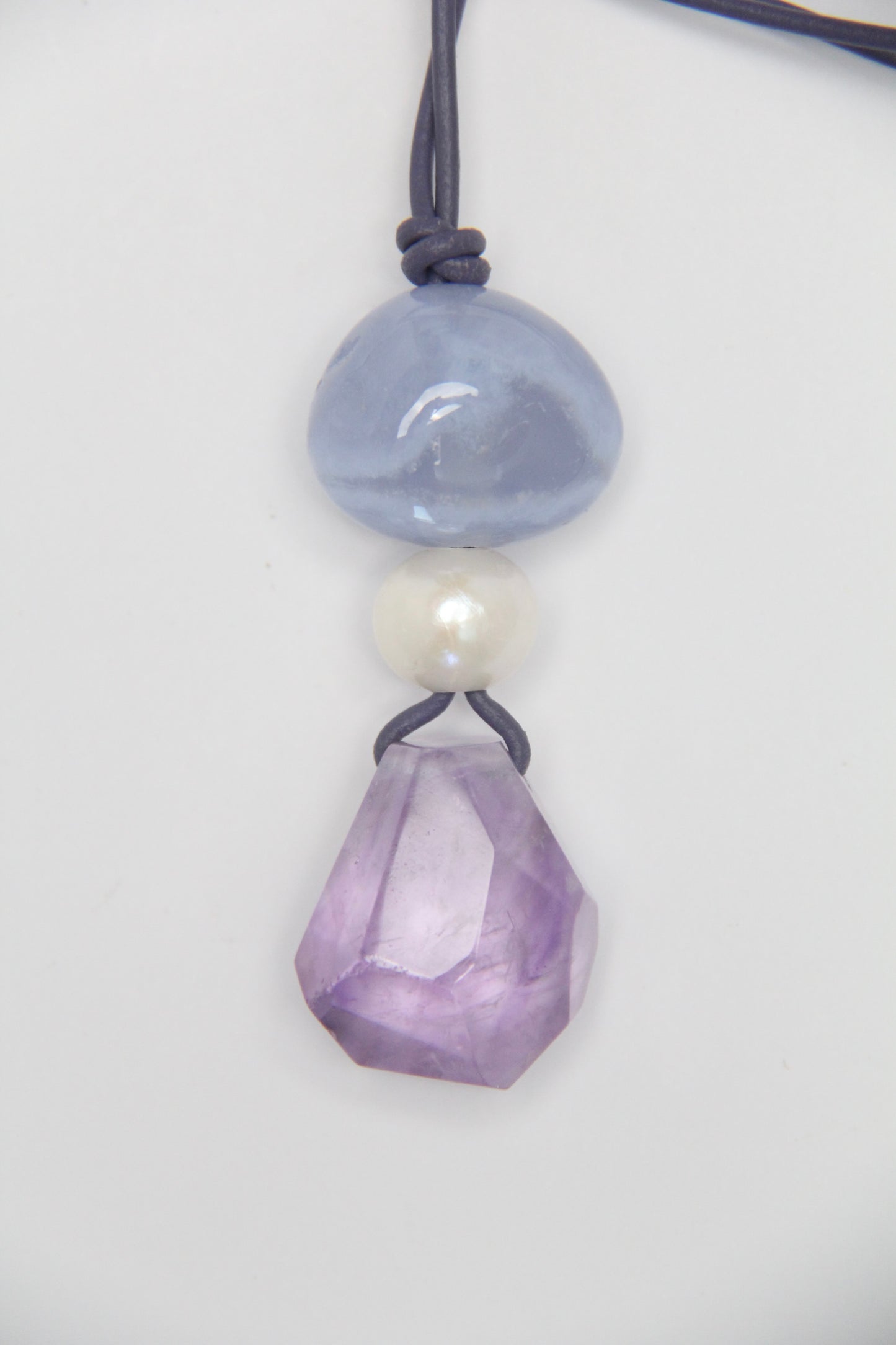 Pendant: blue lace agate, pearl, amethyst
