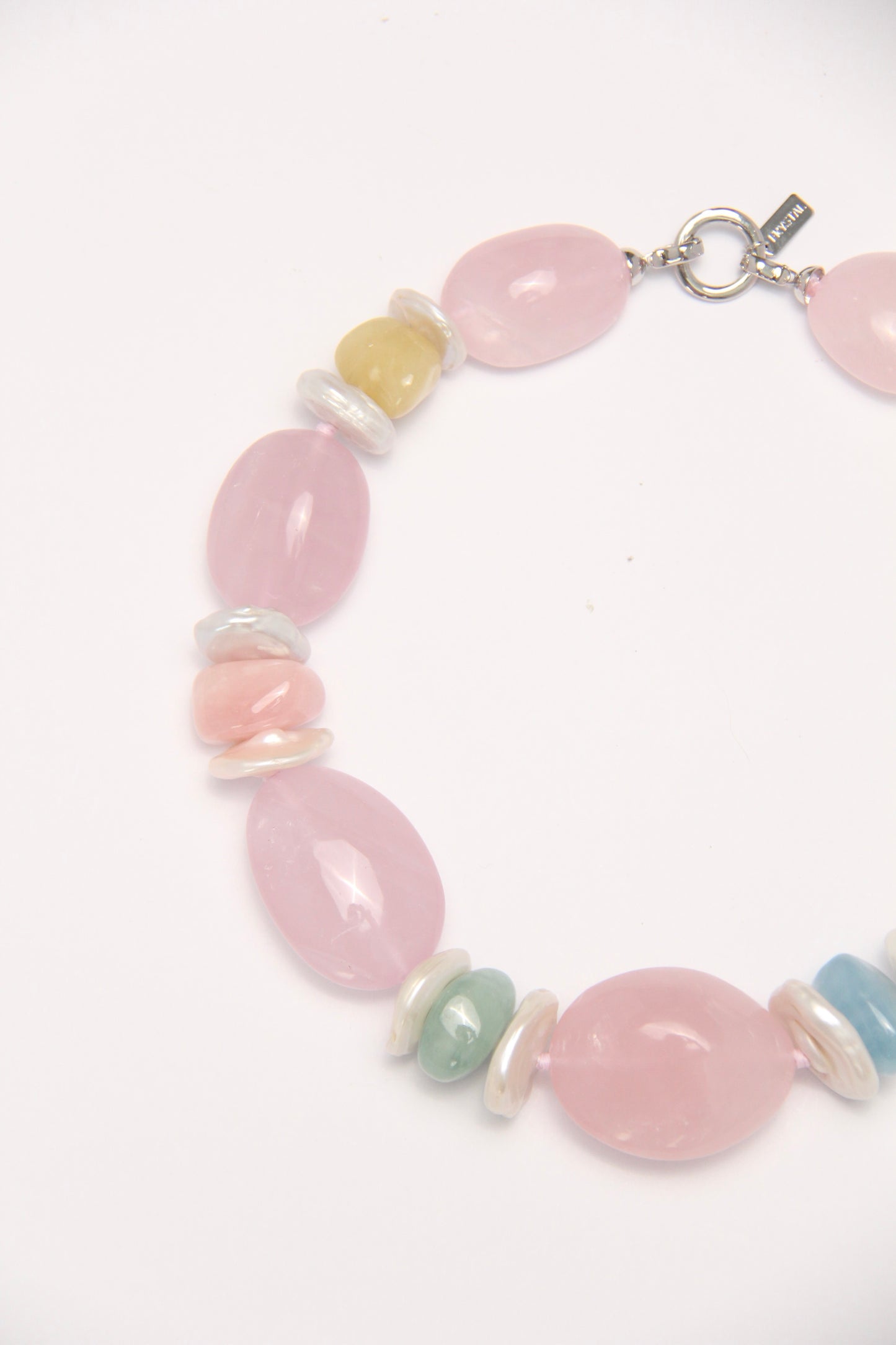 Necklace: rose quartz, morganite, pearls
