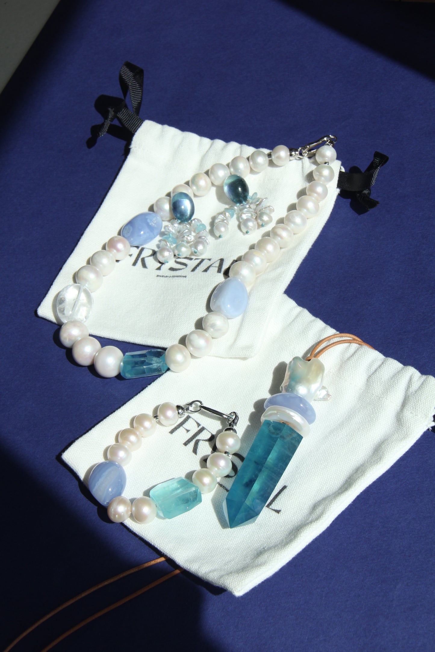 Necklace: pearls, aquamarine, blue lace agate, quartz