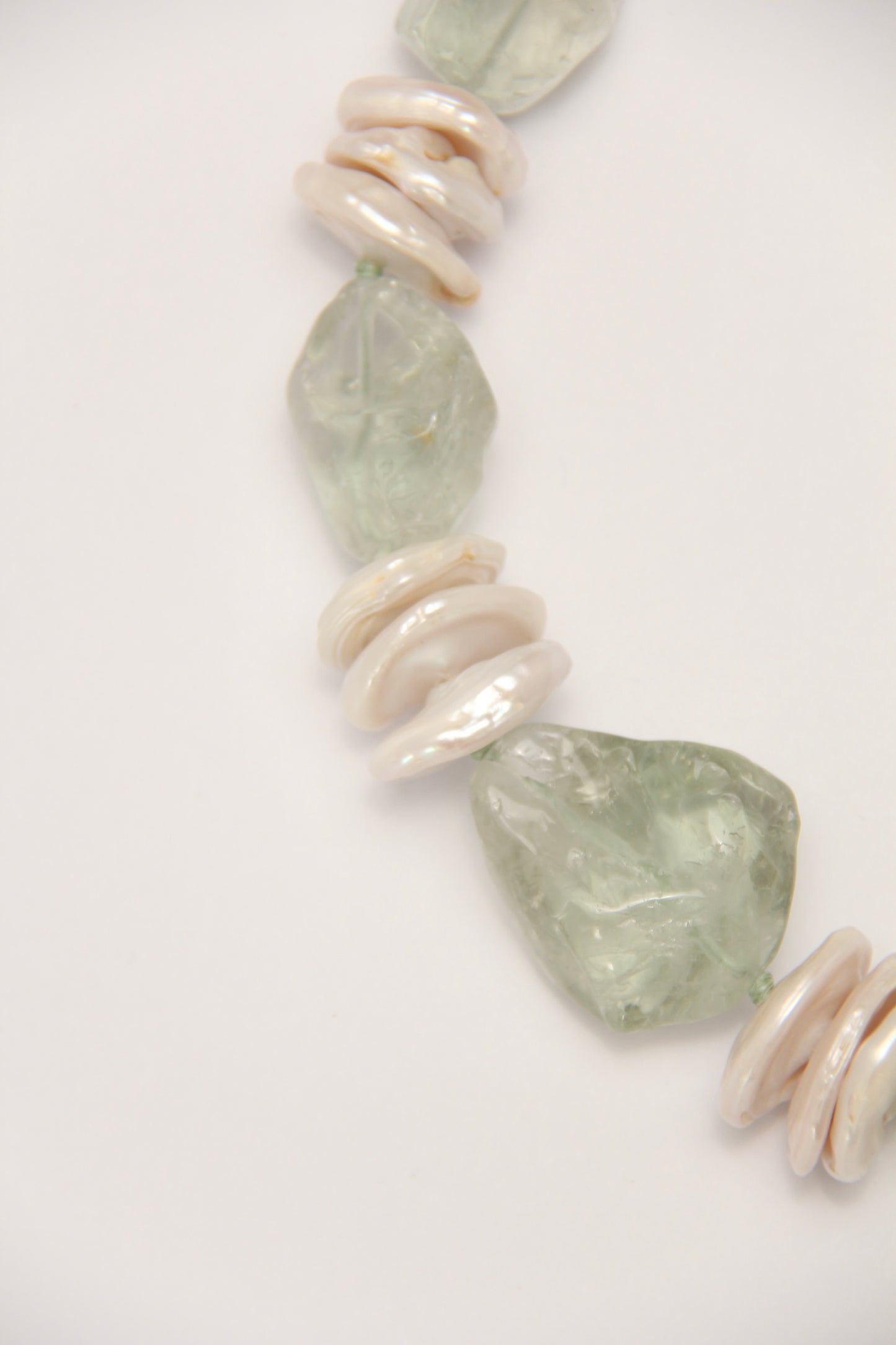 Necklace: pearls, prasem quartz