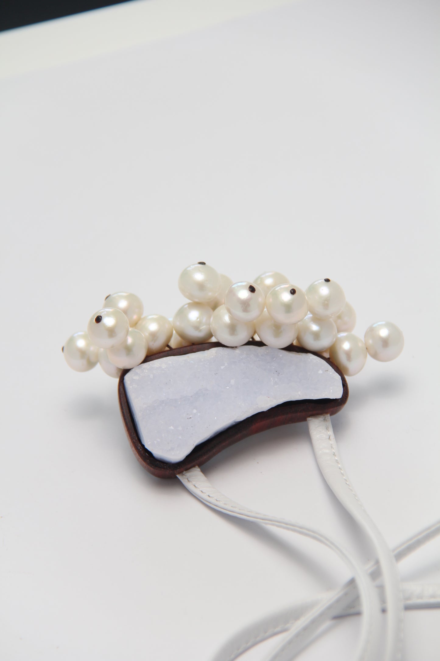 Pendant: blue lace agate, pearls, Zambia blood wood