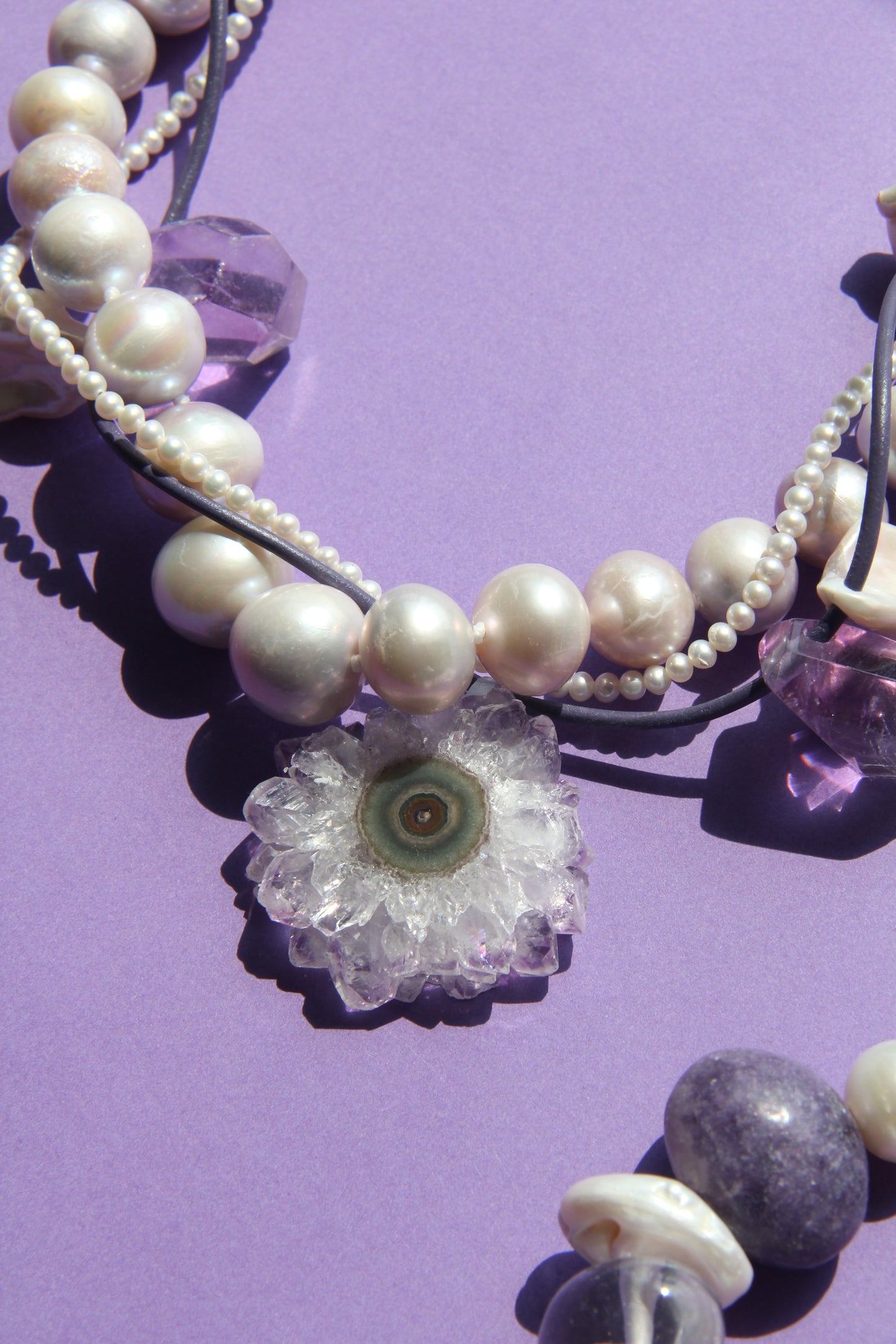 Necklace: amethyst stalactite flower flat slice, amethyst, pearls