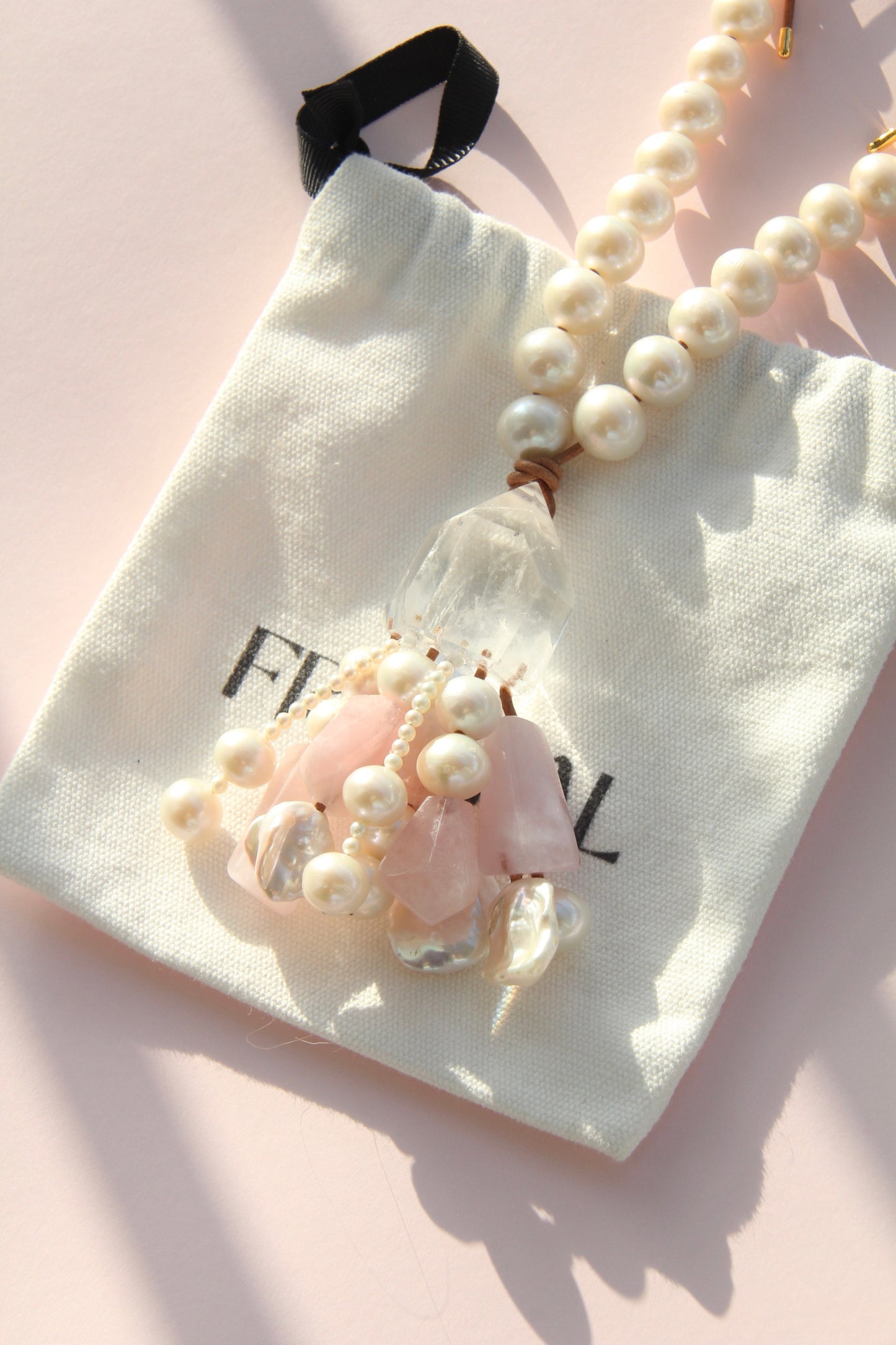 Pendant: quartz, pearls, morganite