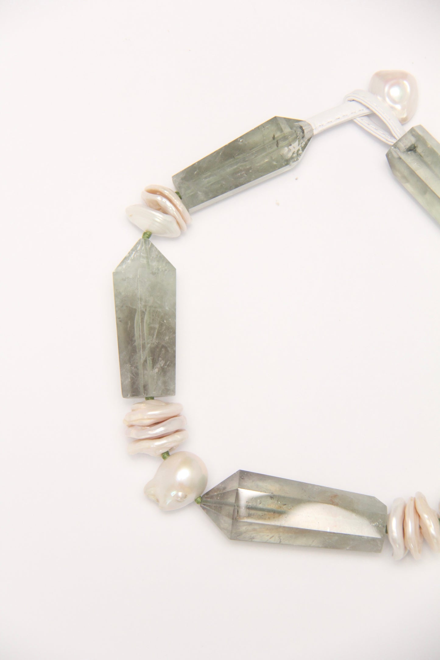 Necklace: prasem quartz, pearls