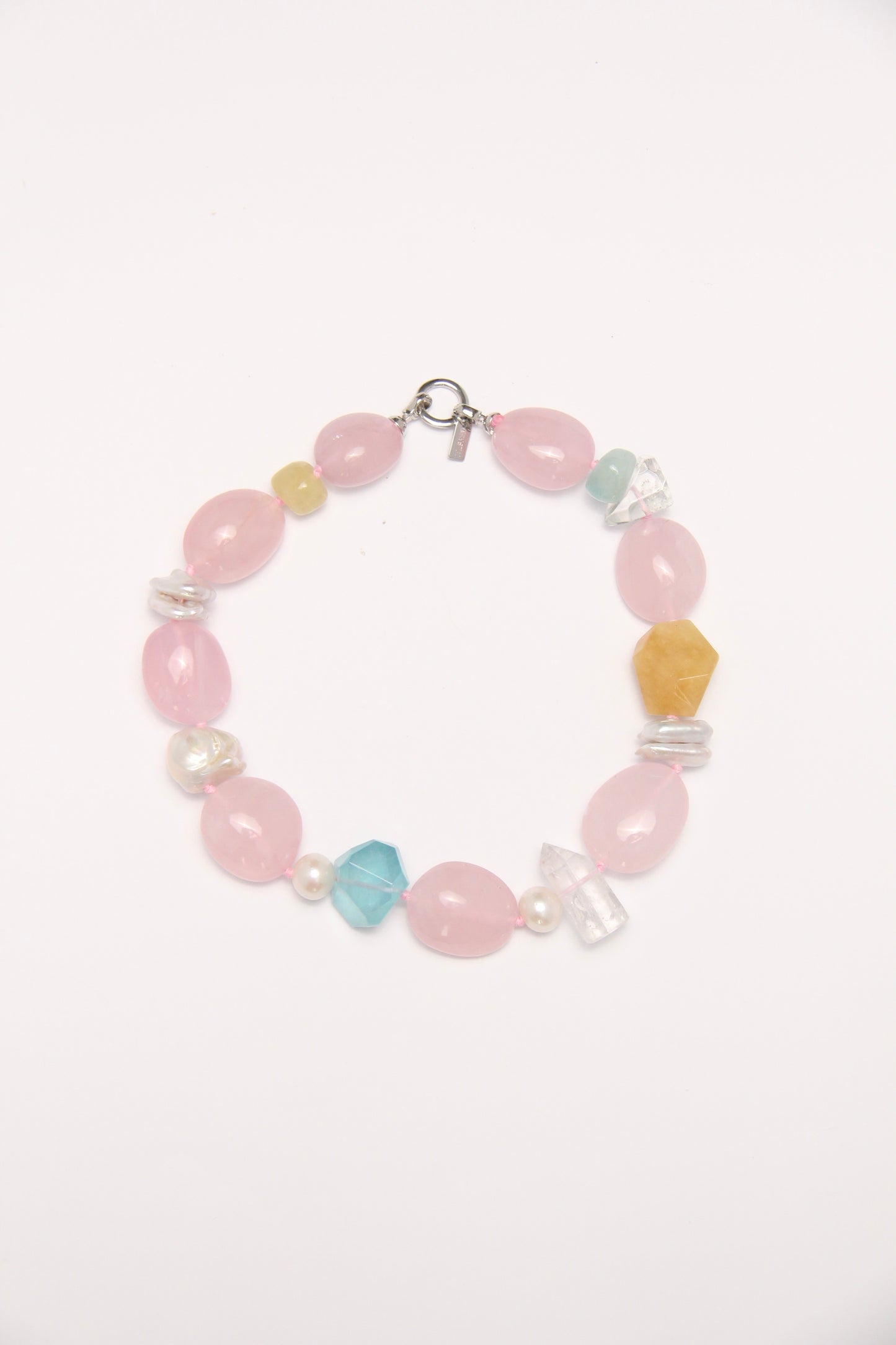 Necklace: rose quartz, aquamarine, pearls, morganite, phantom quartz