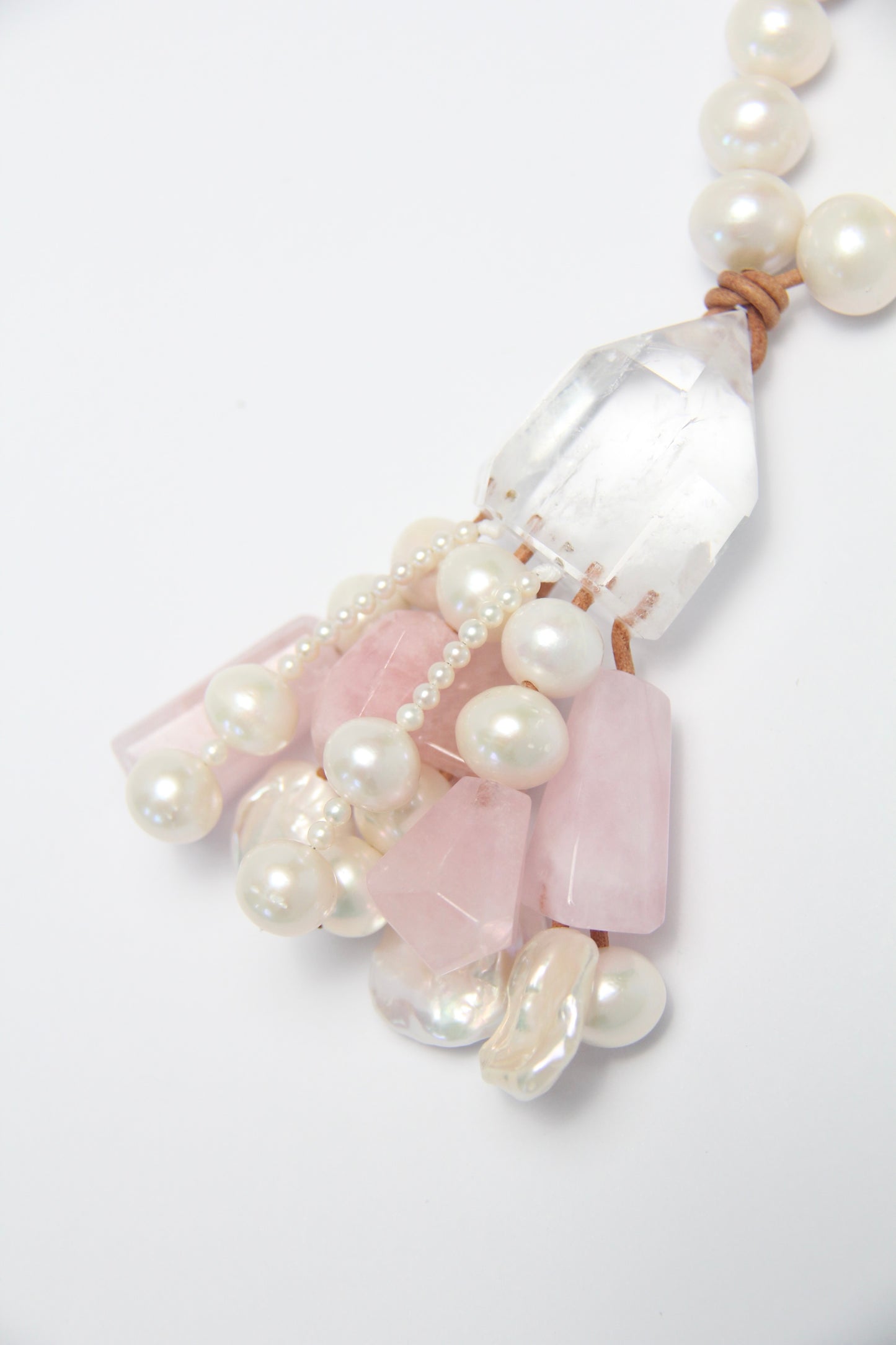 Pendant: quartz, pearls, morganite
