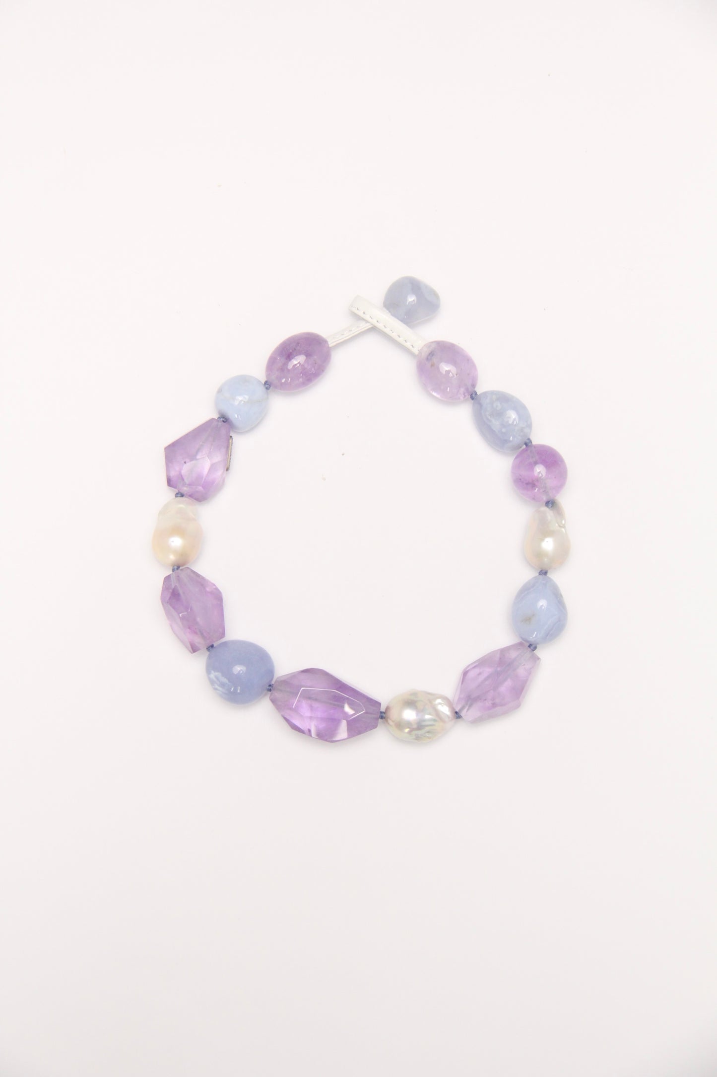 Necklace: blue lace agate, amethyst, pearls