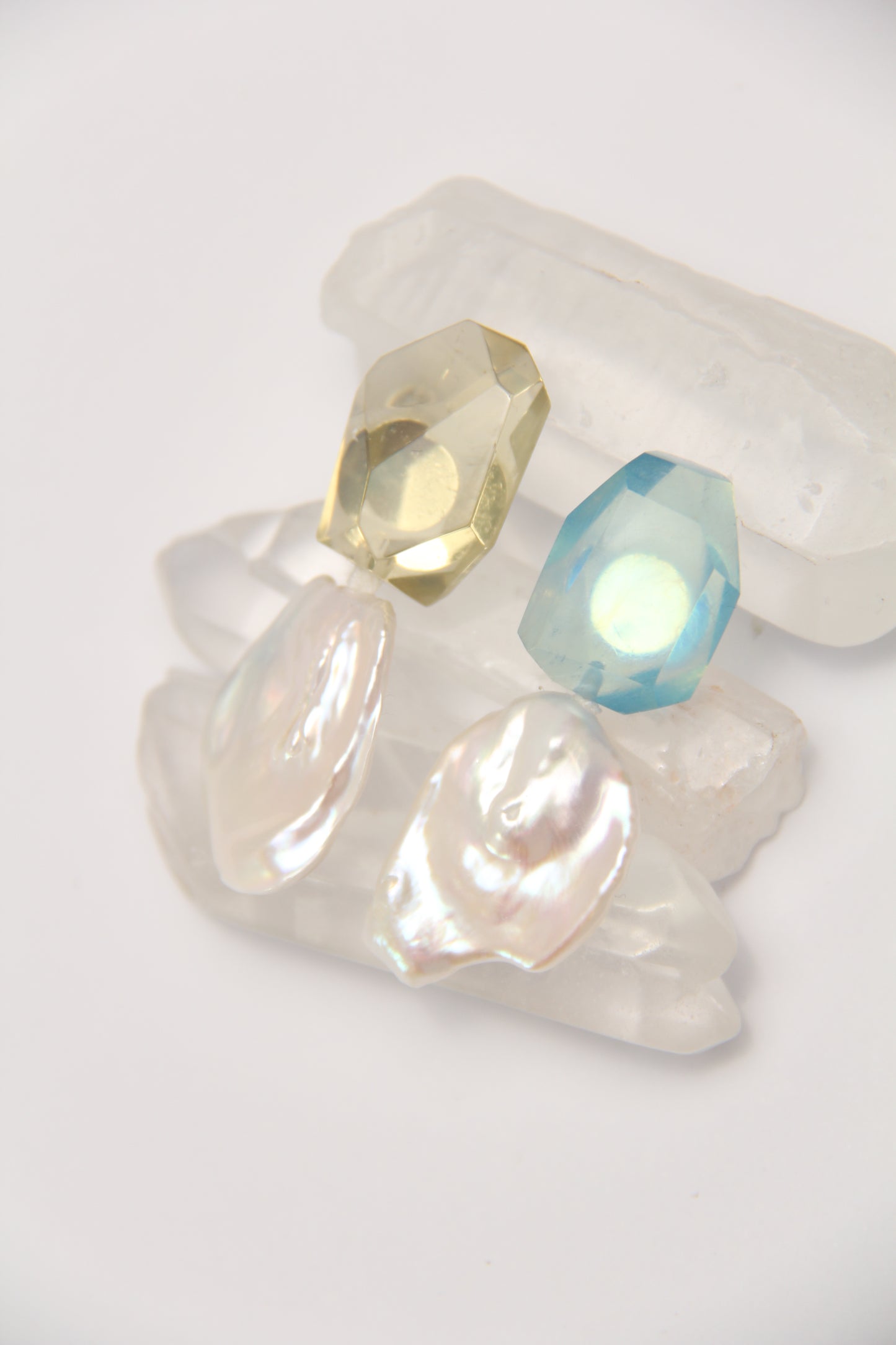 Earrings: pearls, aquamarine, citrine