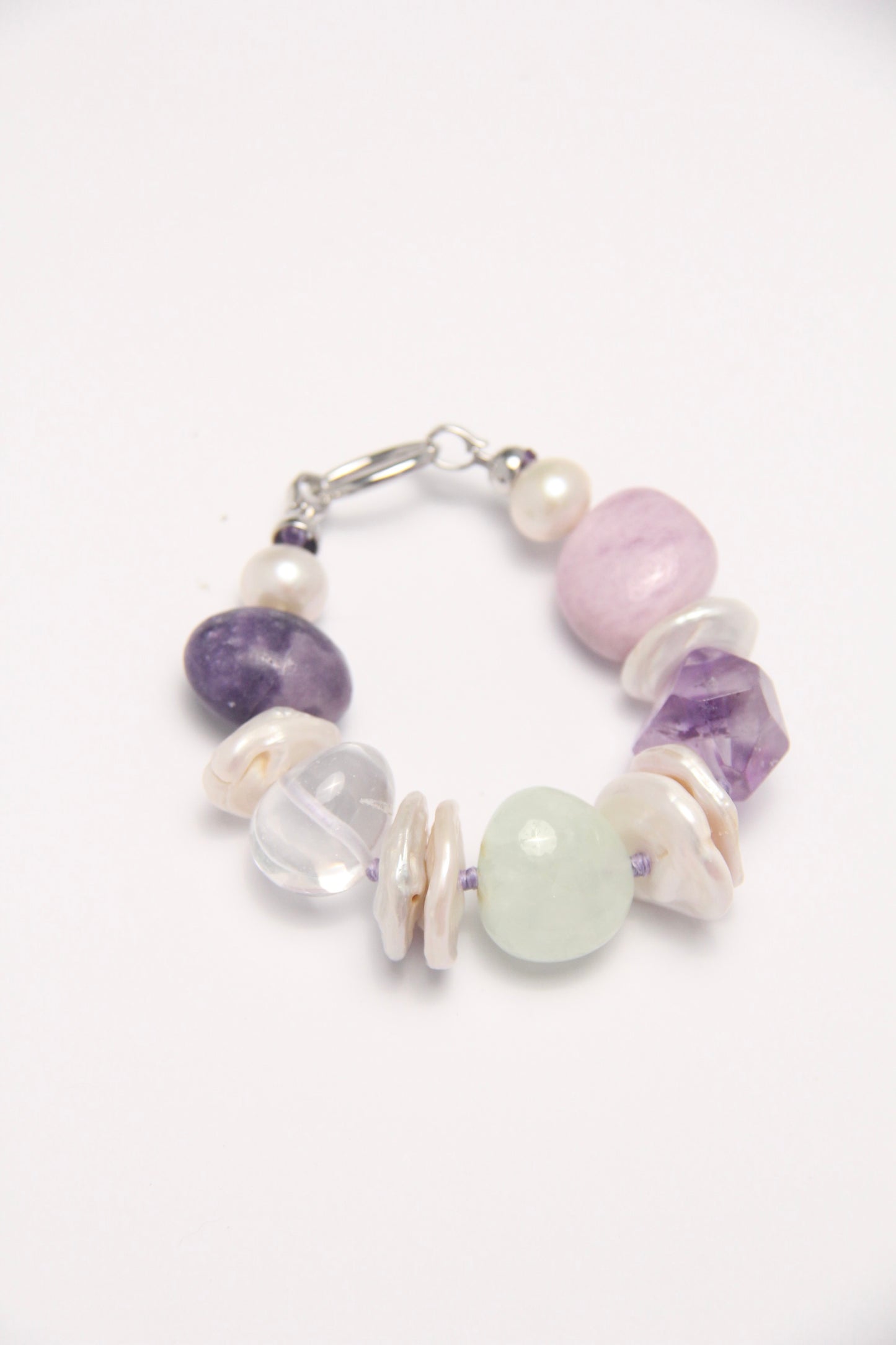 Bracelet: amethyst, kunzite, prehnite, lepidolite, quartz, pearls