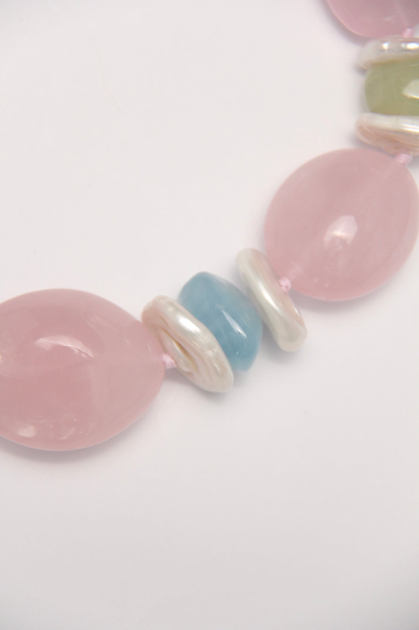 Necklace: rose quartz, morganite, pearls