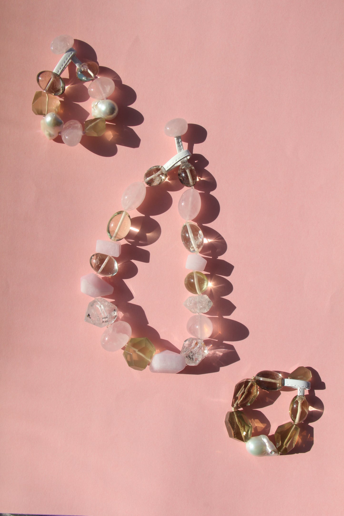 Bracelet: citrine, rose quartz, pearls