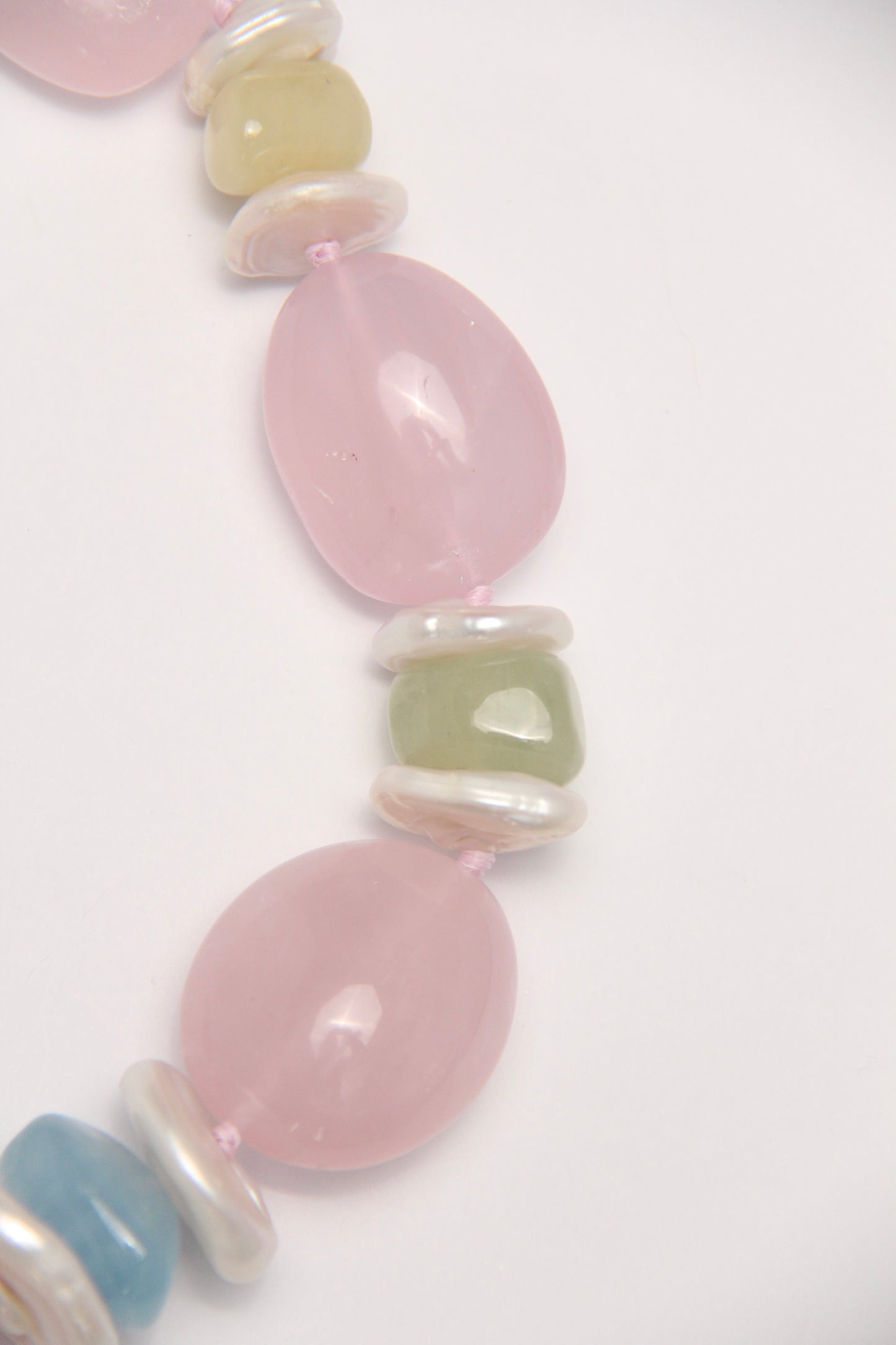 Necklace: rose quartz, morganite, pearls
