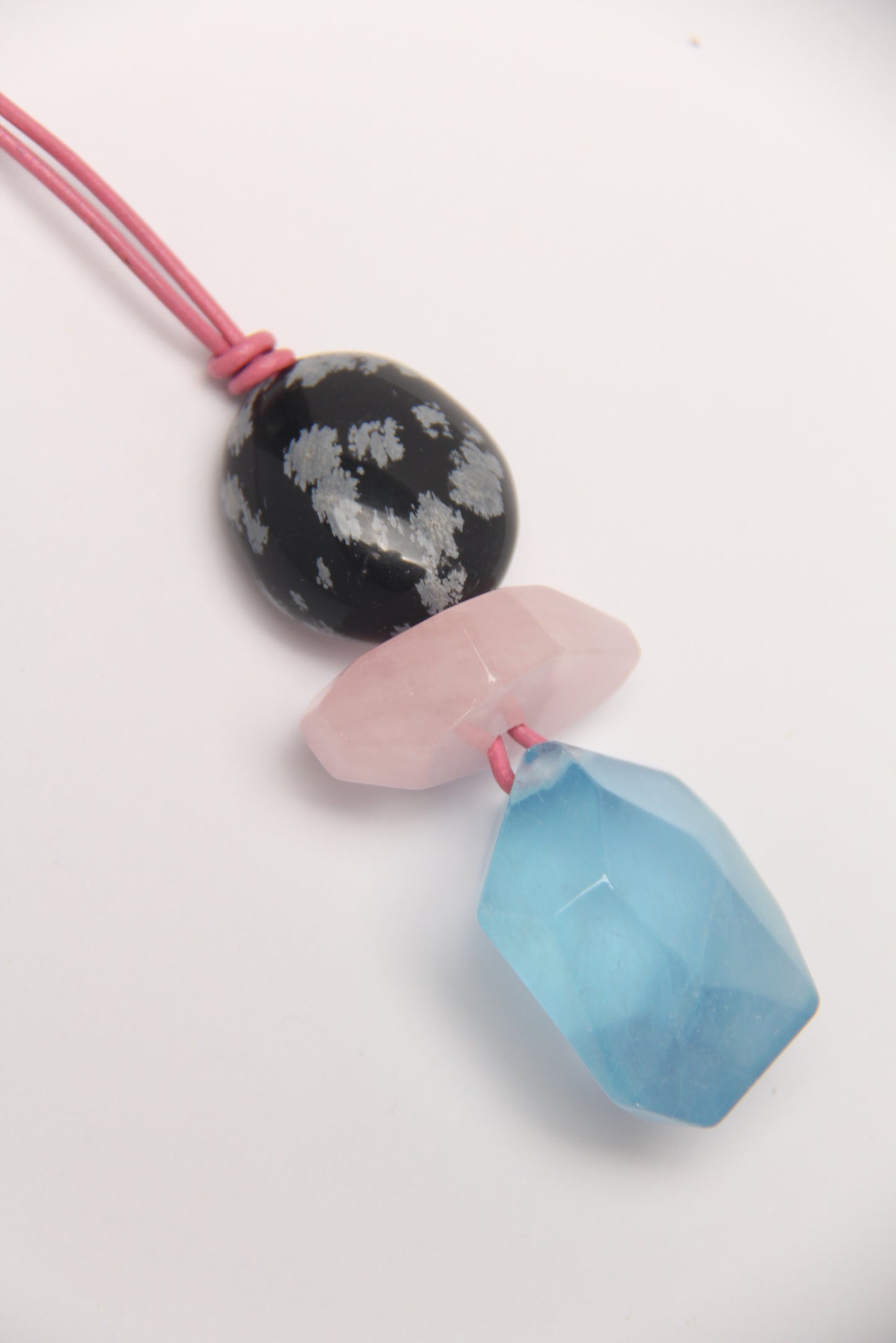 Pendant: aquamarine, morganite,snow obsidian