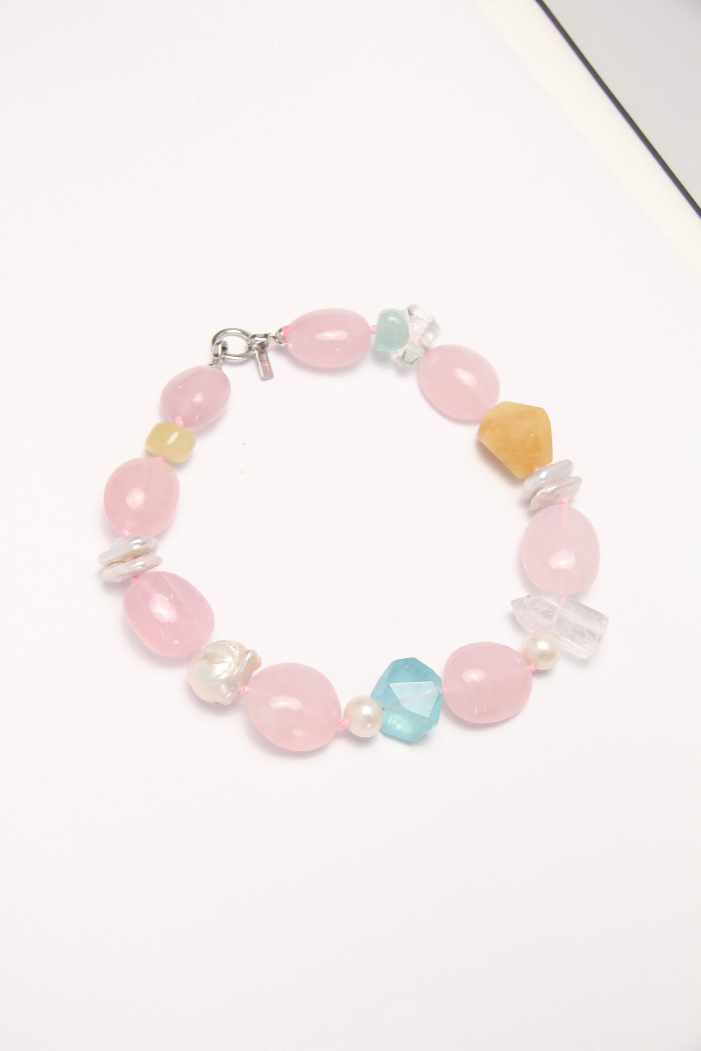 Necklace: rose quartz, aquamarine, pearls, morganite, phantom quartz