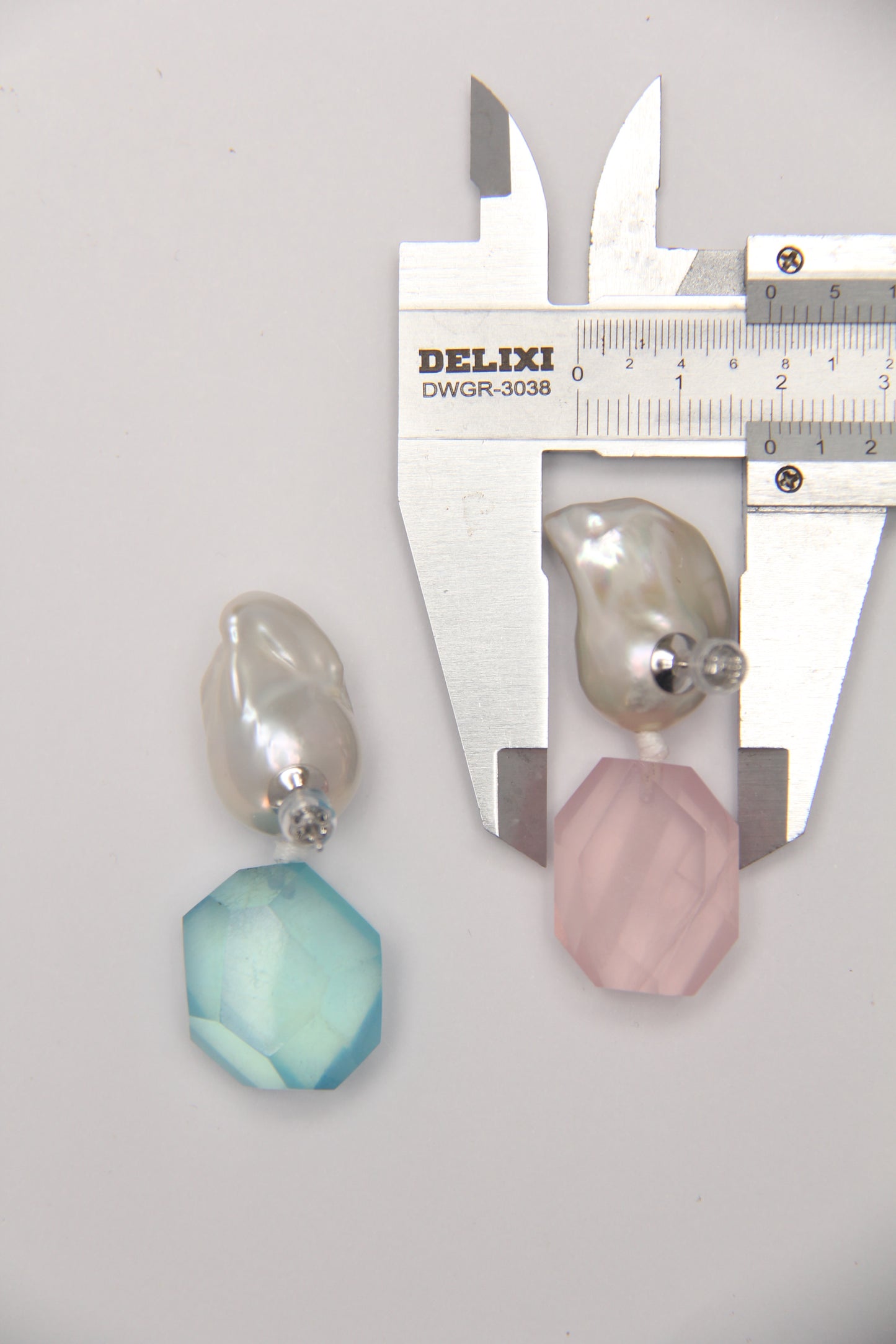 Earrings: pearls, aquamarine, rose quartz