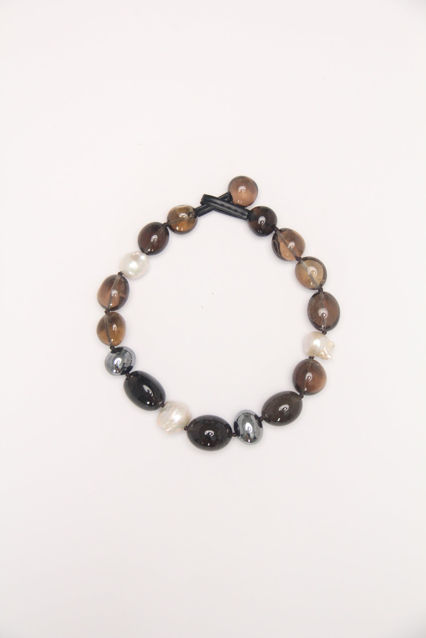 Necklace: smoky quartz, titanium magnet, pearls