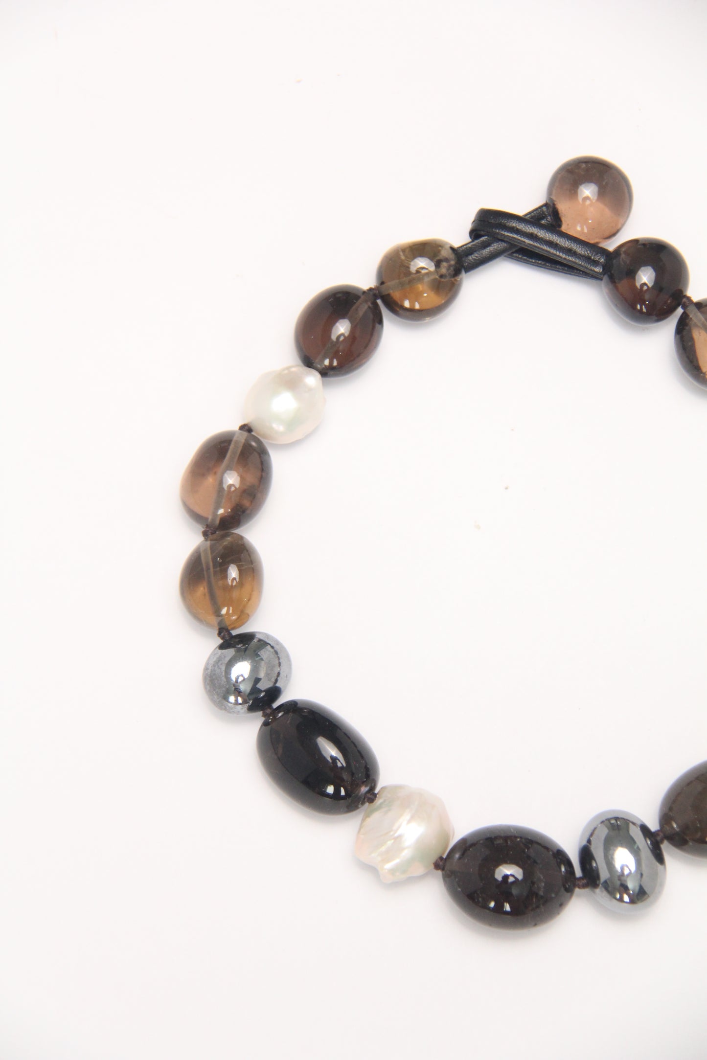 Necklace: smoky quartz, titanium magnet, pearls