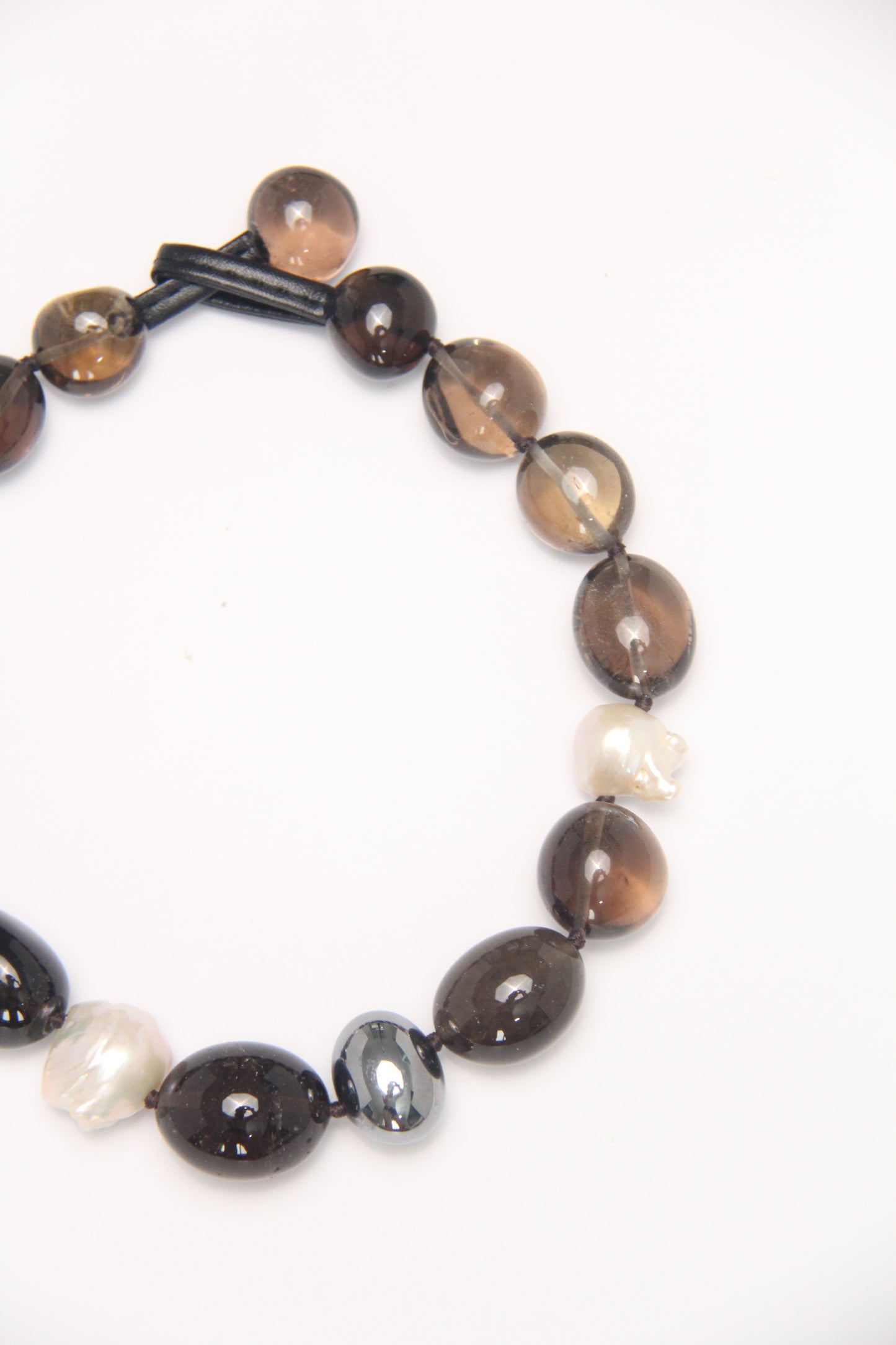 Necklace: smoky quartz, titanium magnet, pearls