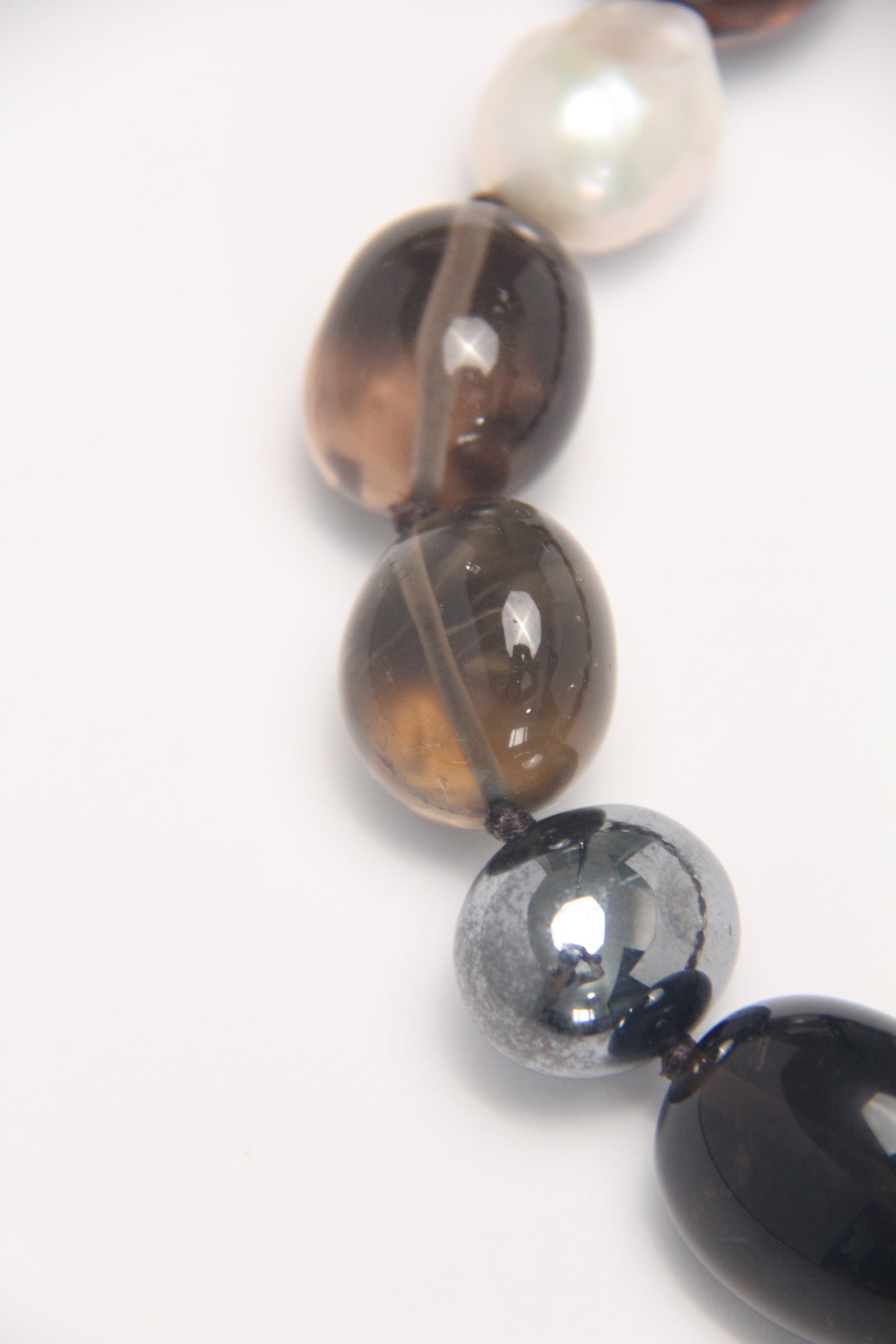 Necklace: smoky quartz, titanium magnet, pearls