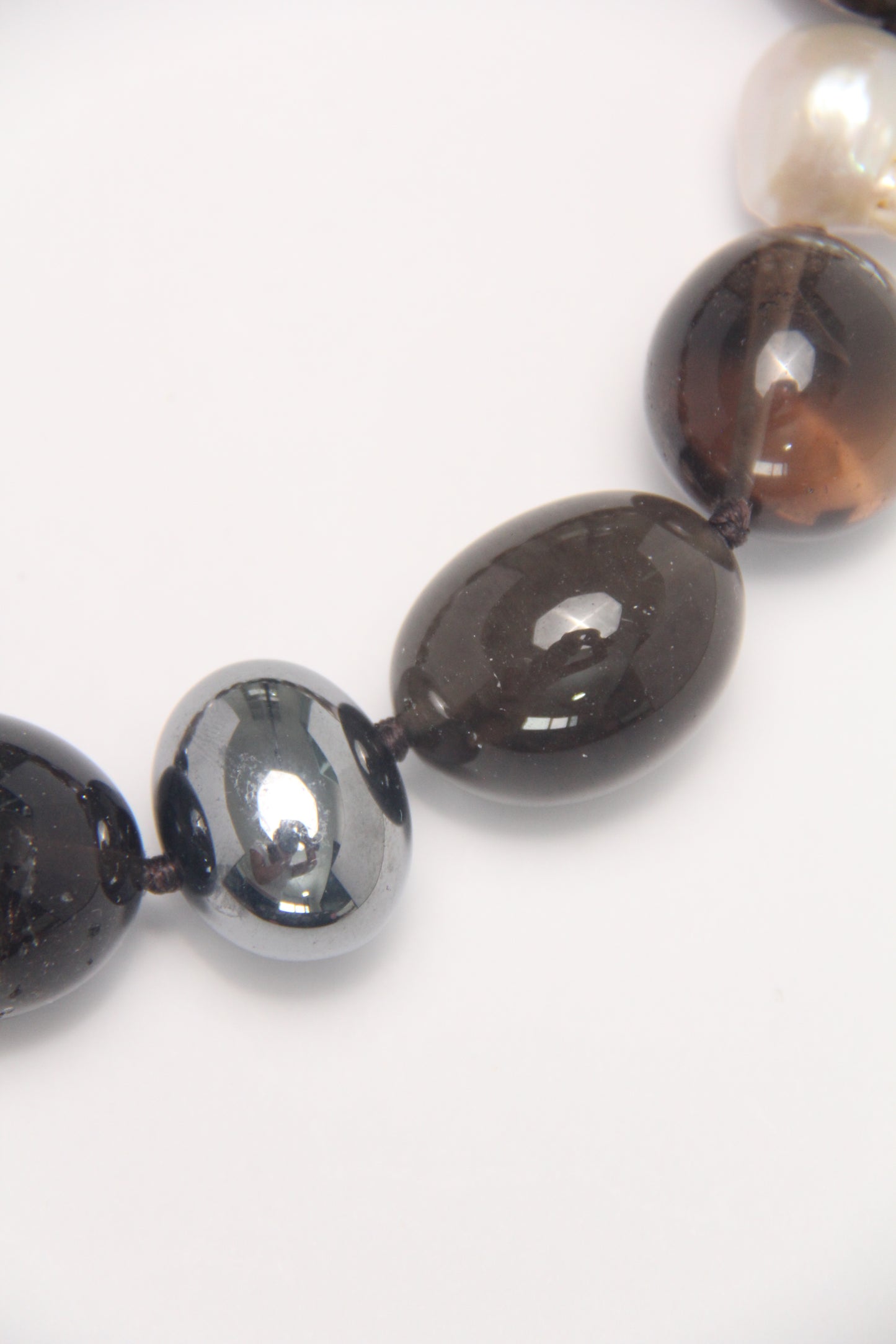 Necklace: smoky quartz, titanium magnet, pearls