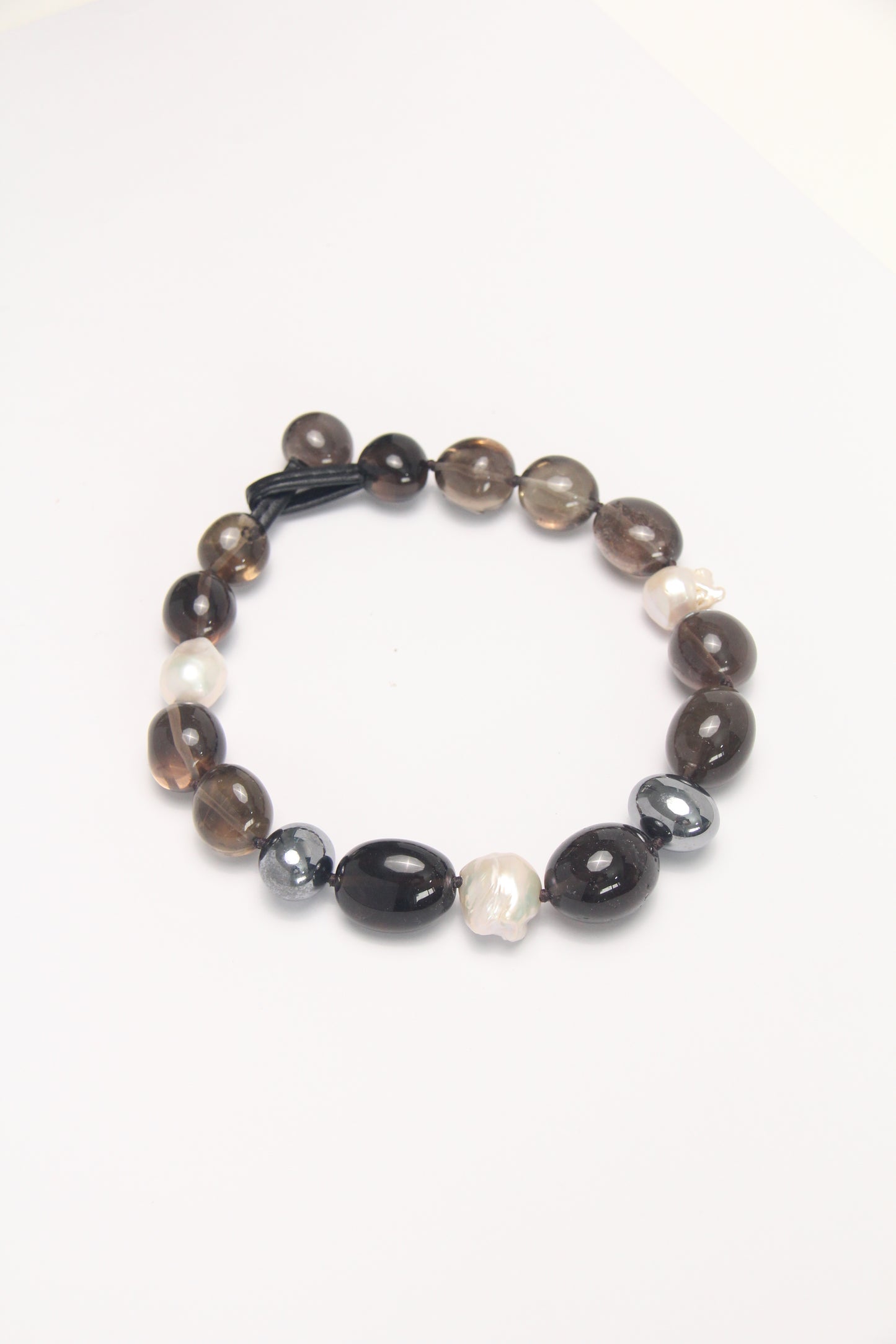 Necklace: smoky quartz, titanium magnet, pearls