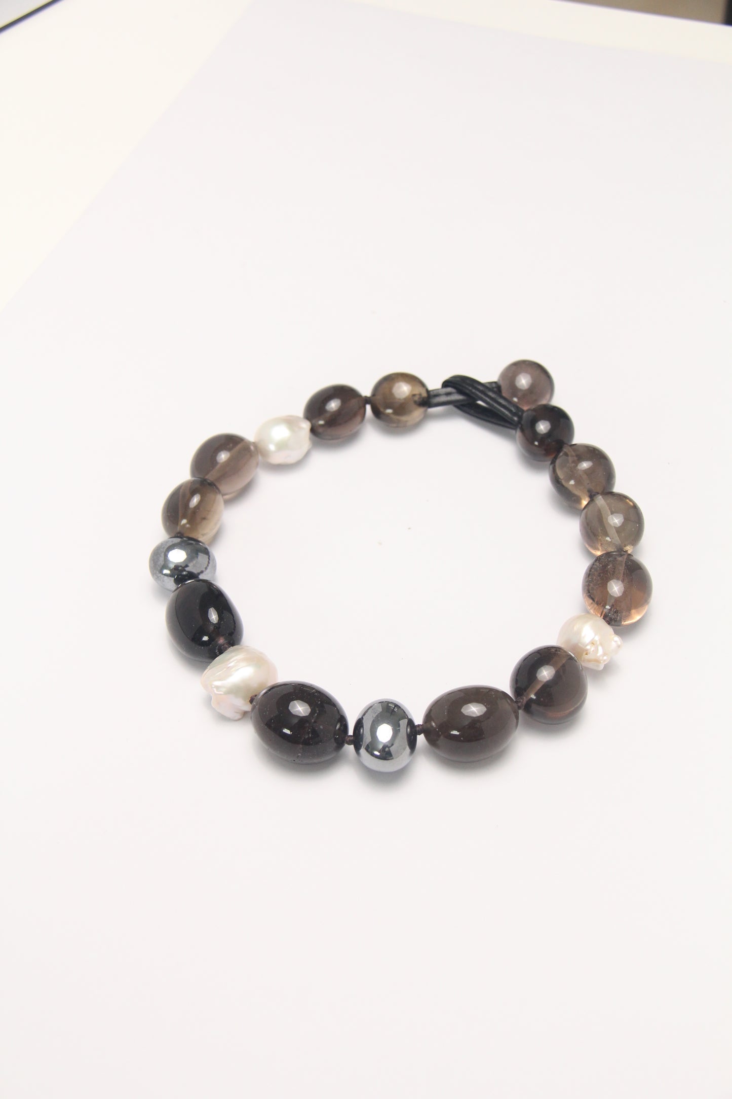 Necklace: smoky quartz, titanium magnet, pearls