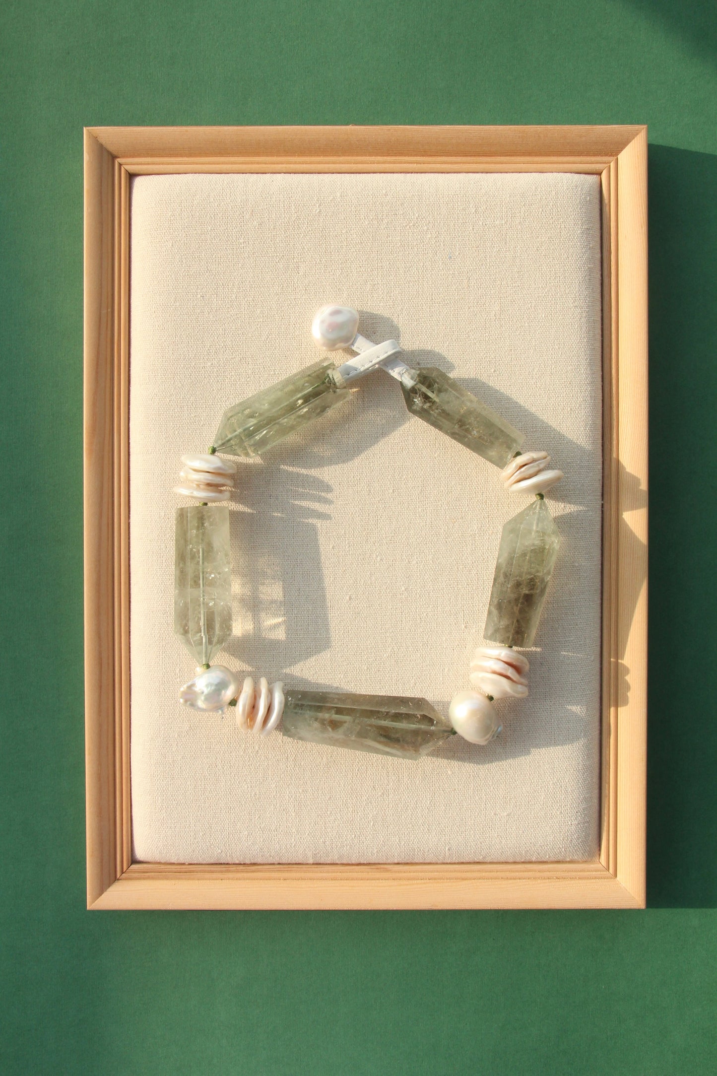 Necklace: prasem quartz, pearls