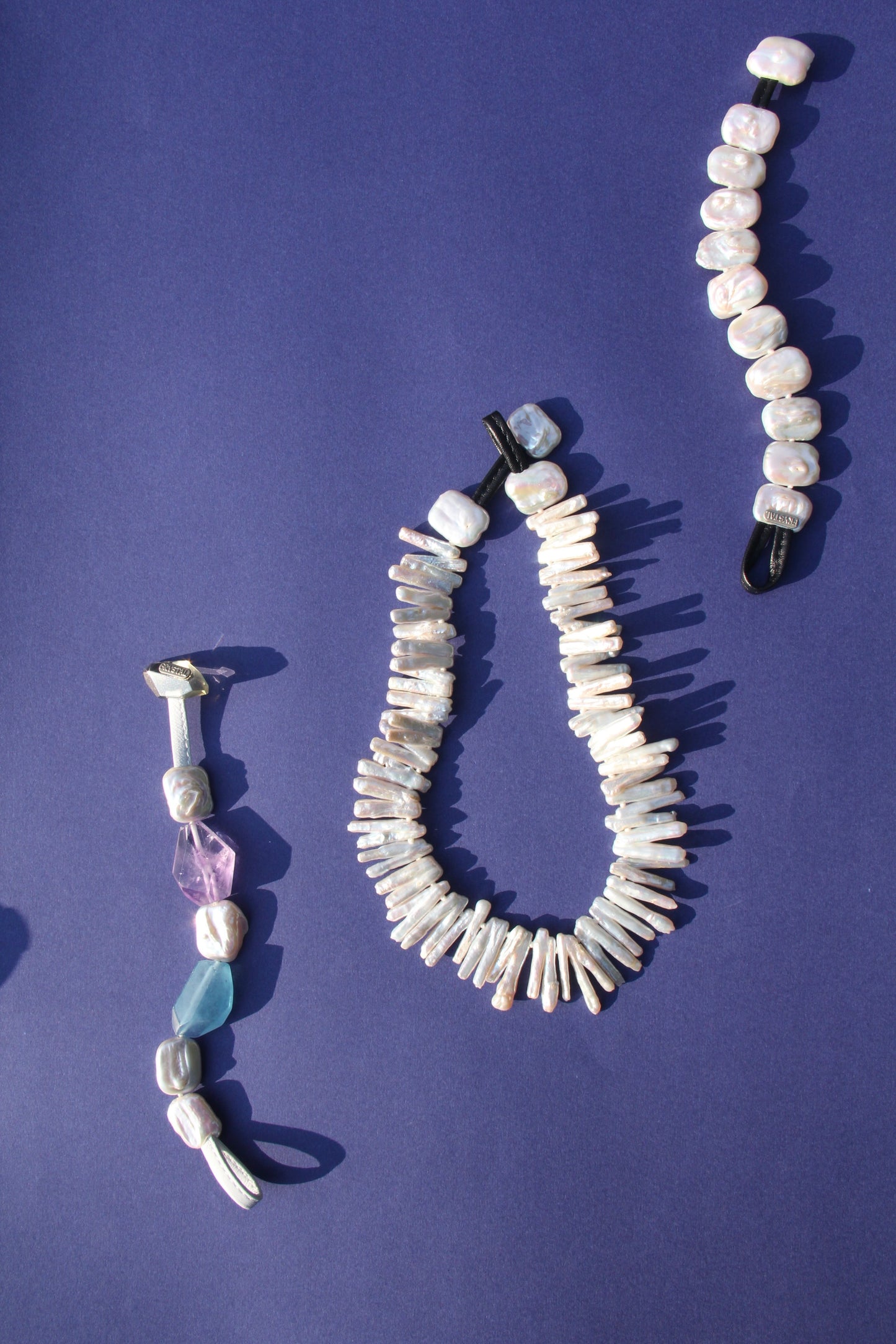 Bracelet: aquamarine, amethyst, citrine, pearls